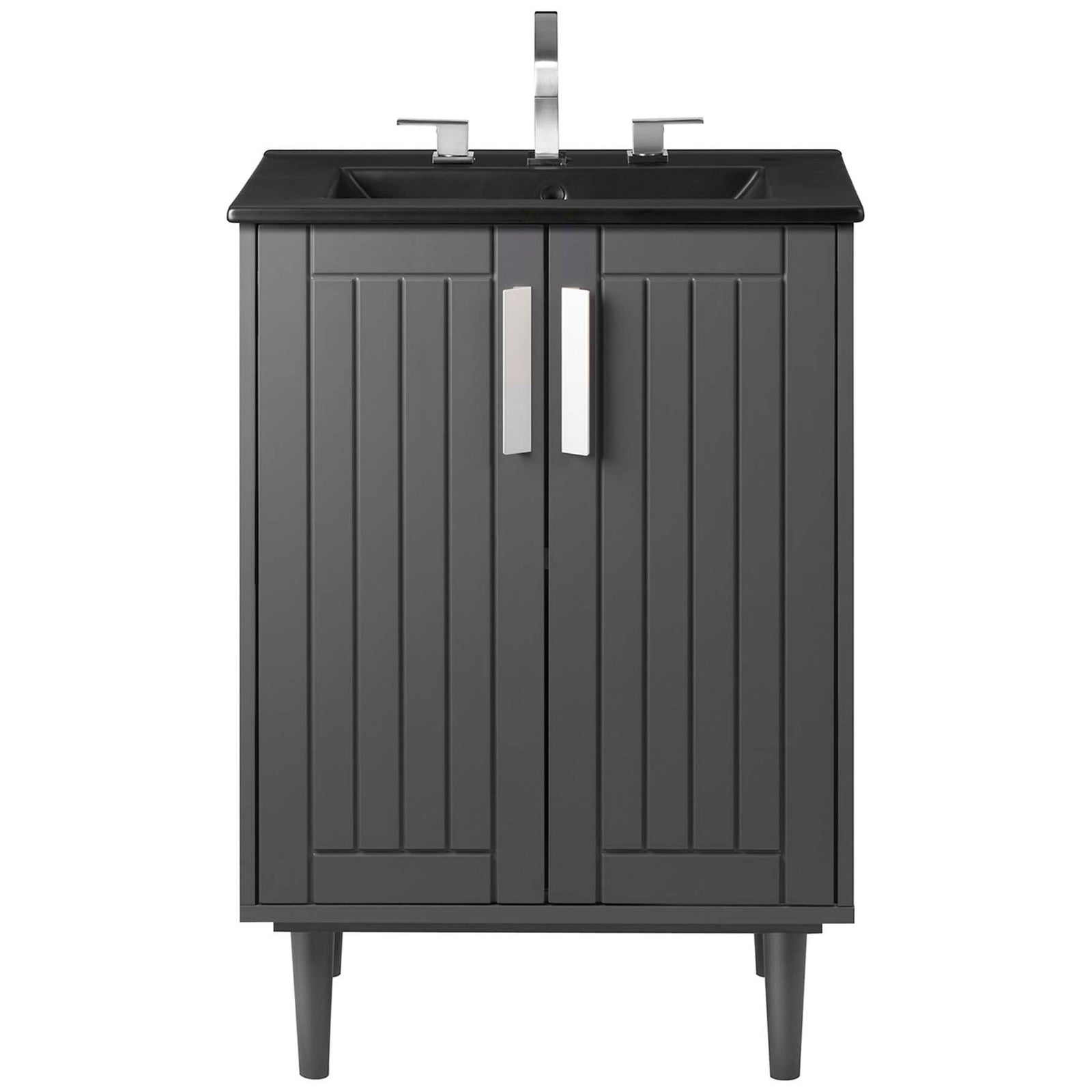Sleek metal bar pulls accent the integrated sink and clean-lined doors || EEI-5800-GRY-BLK || front_studio