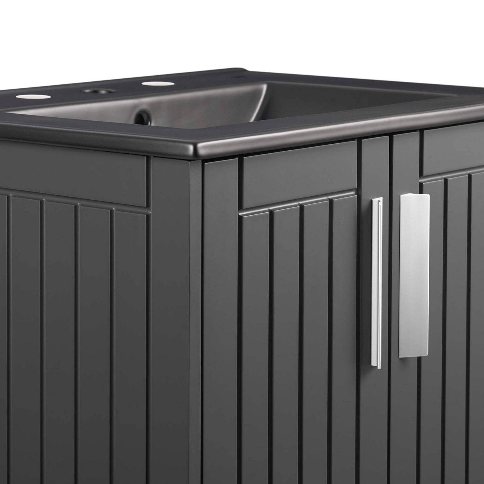 Brushed metal bar pulls and vertical slat detail add modern texture || EEI-5800-GRY-BLK || handle_studio