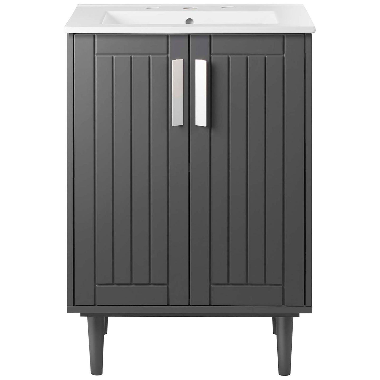24-inch gray vanity with vertical panel doors, white integrated sink, and tapered legs || EEI-5800-GRY-WHI || front_studio