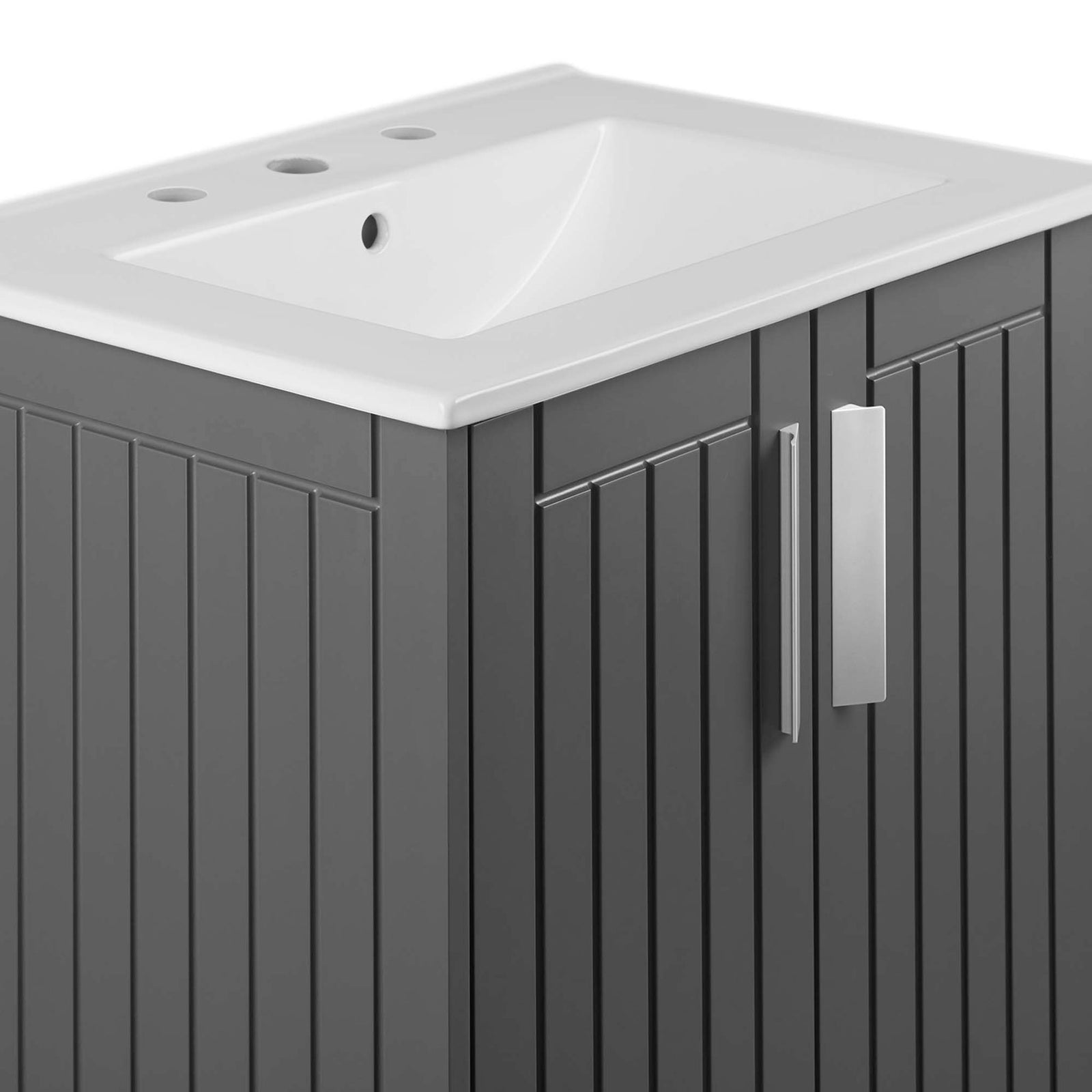 Sleek metal pulls and crisp sink edge accent the vertical paneling || EEI-5800-GRY-WHI || detail_studio