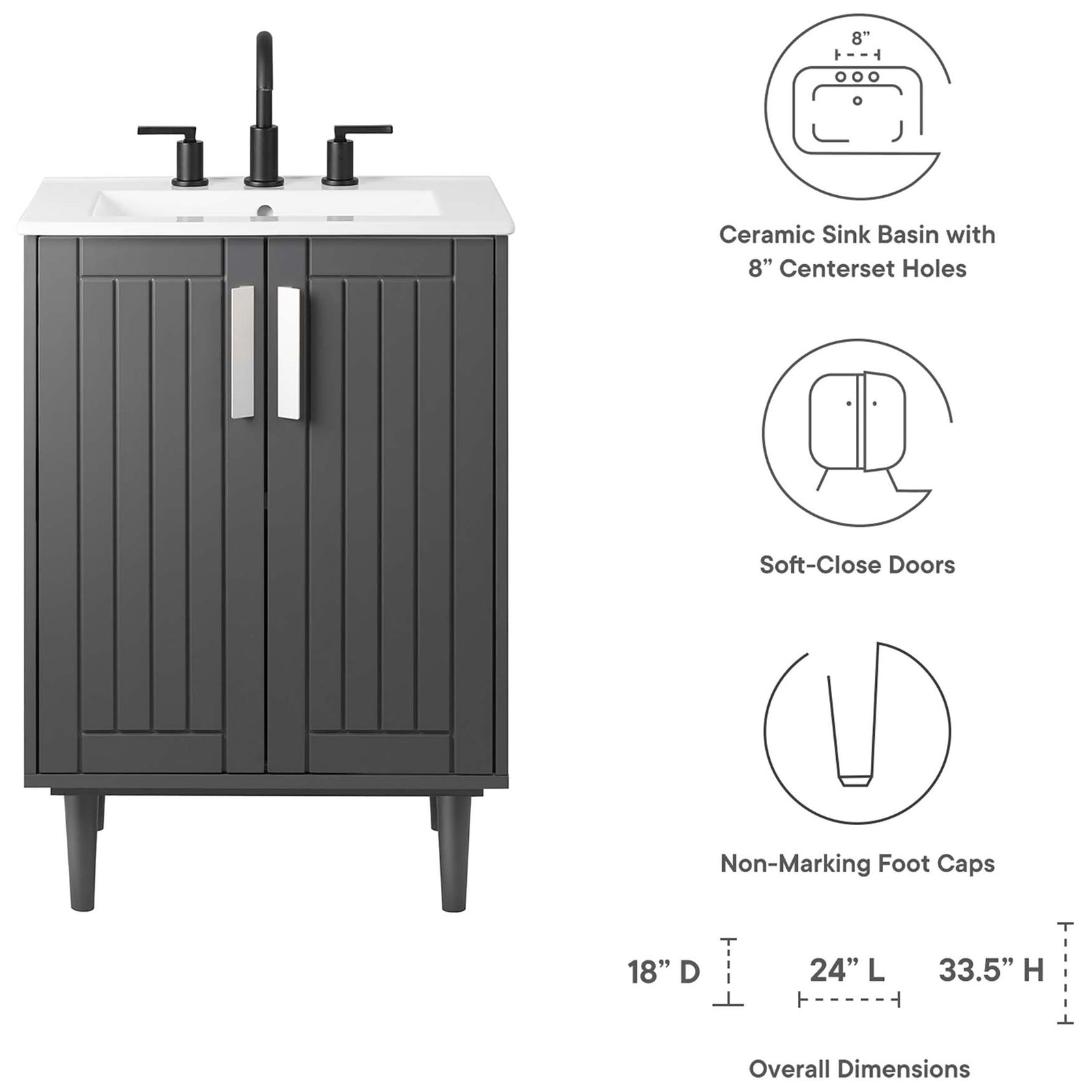 Feature highlights and overall dimensions for the Augusta 24-inch bathroom vanity || EEI-5800-GRY-WHI || dimension_studio