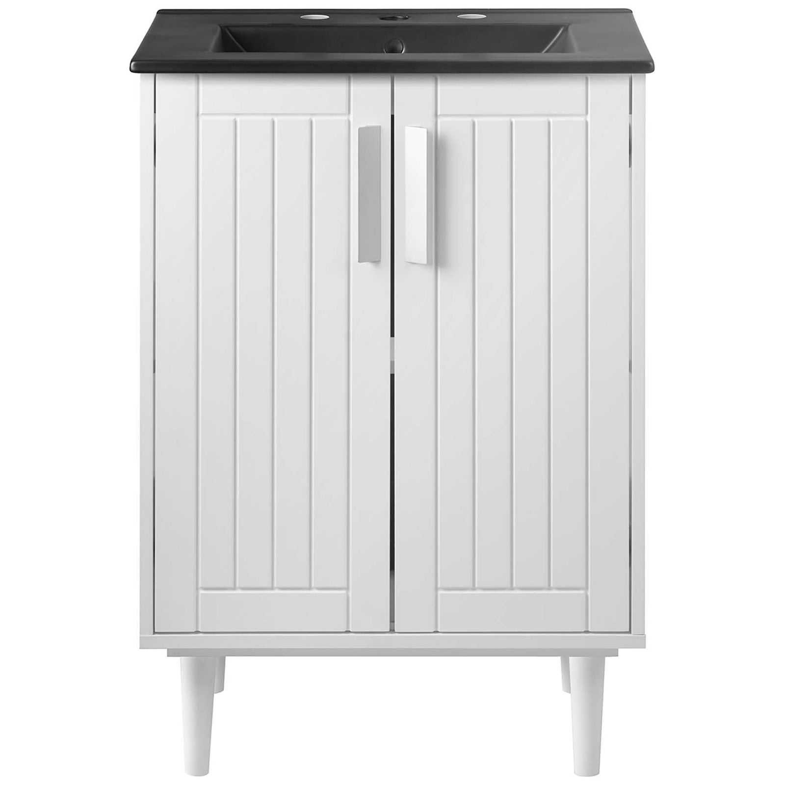 Crisp white vanity with paneled doors, tapered legs, and a sleek black integrated ceramic sink || EEI-5800-WHI-BLK || front_studio