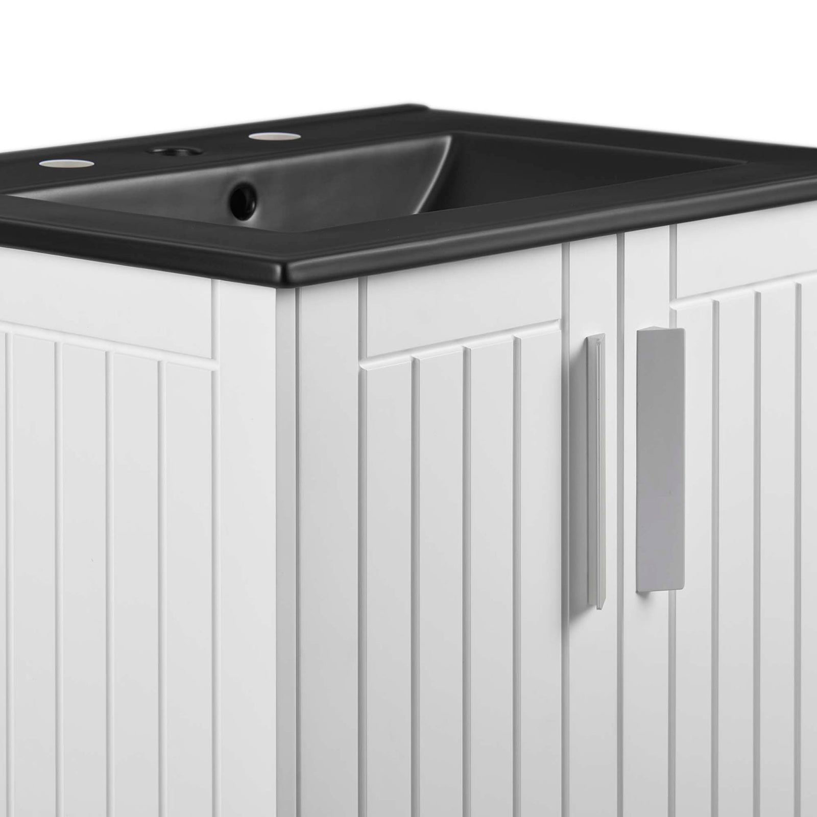 Brushed metal handles and crisp vertical grooves add refined texture || EEI-5800-WHI-BLK || handle_studio