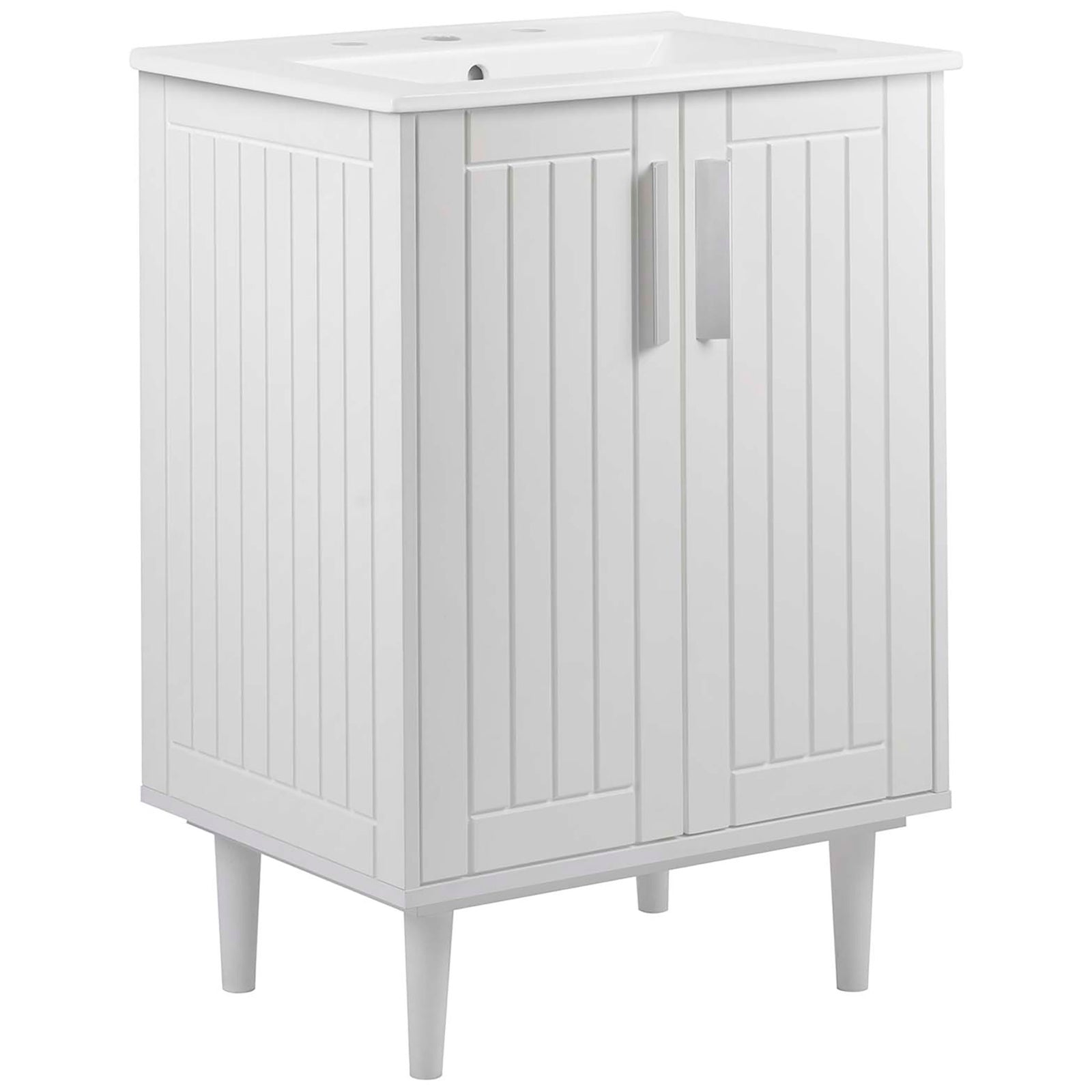 Sleek 24-inch bathroom vanity in smooth white with beadboard-style doors and modern rectangular pulls || EEI-5800-WHI-WHI || front_angle_studio