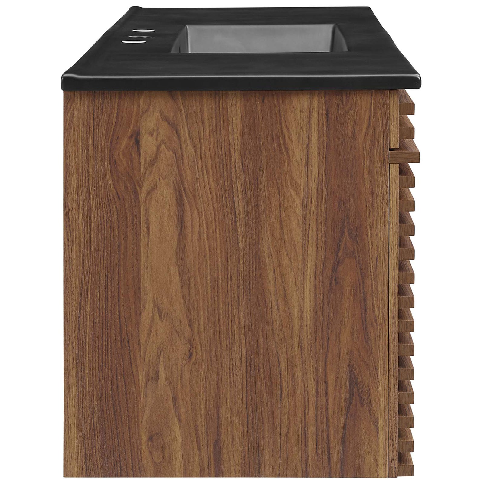 Streamlined walnut profile paired with a matte black top and integrated sink. || EEI-5801-WAL-BLK || side_studio