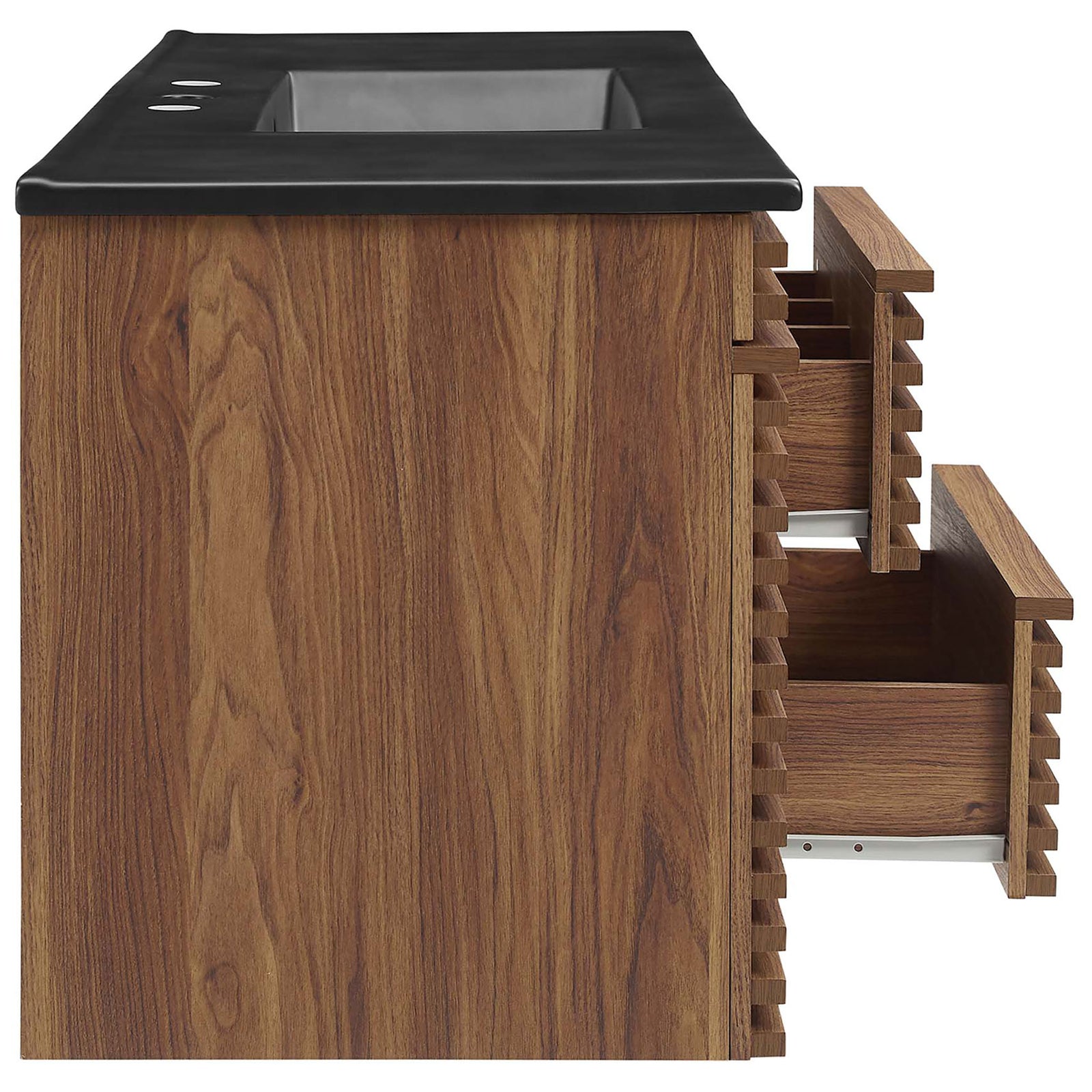 Two center drawers glide open for easy access, complementing the walnut slats and black top. || EEI-5801-WAL-BLK || side_open_studio