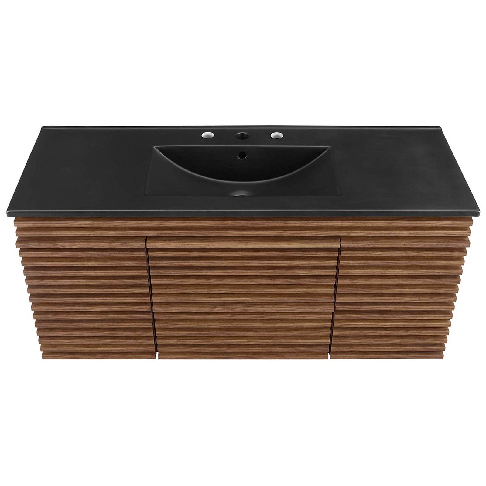 Matte black countertop with integrated rectangular basin and clean, rounded edges. || EEI-5801-WAL-BLK || top_studio