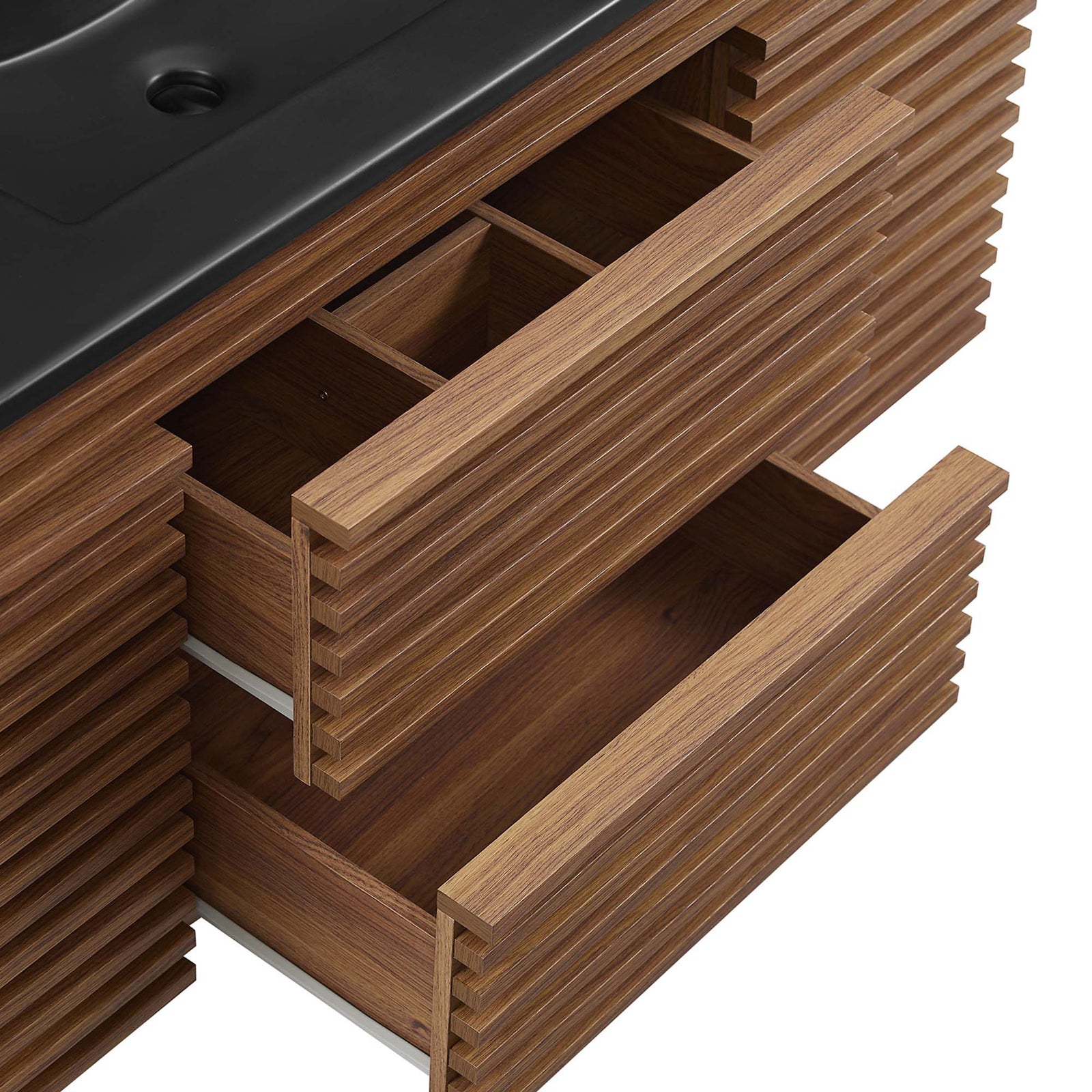Deep drawers with built-in dividers keep everyday essentials neatly organized. || EEI-5801-WAL-BLK || storage_open_studio