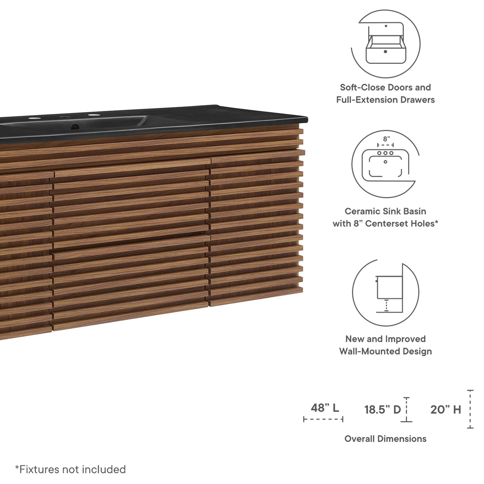Integrated sink, storage, and dimensions for the modern walnut vanity. || EEI-5801-WAL-BLK || callout_studio
