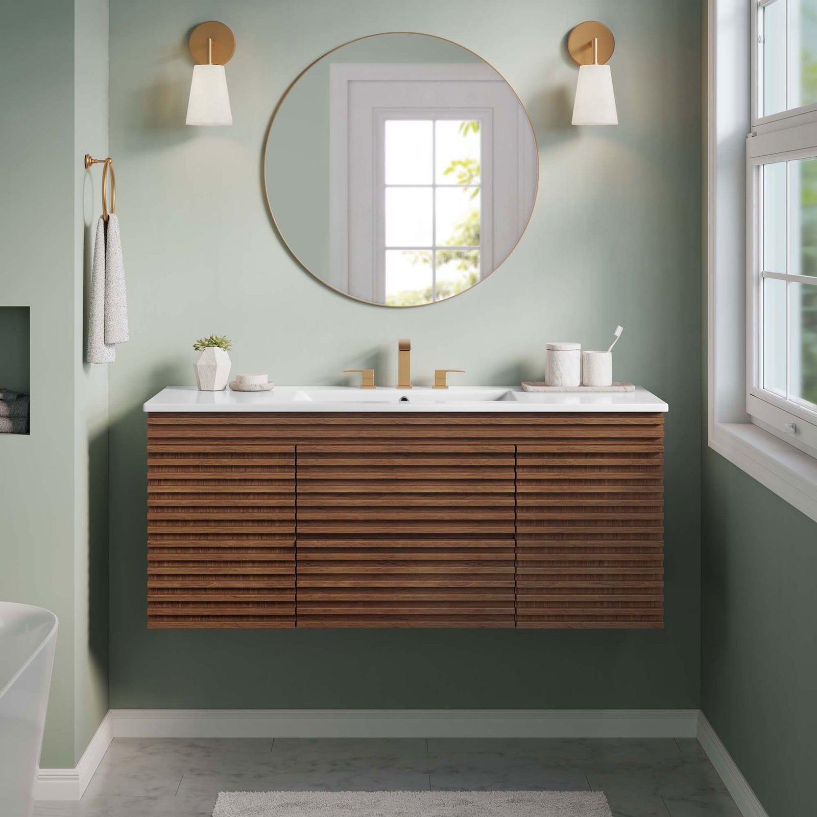 Sleek floating vanity elevates the bath with warm walnut slats and a crisp white integrated sink || EEI-5801-WAL-WHI || front_room