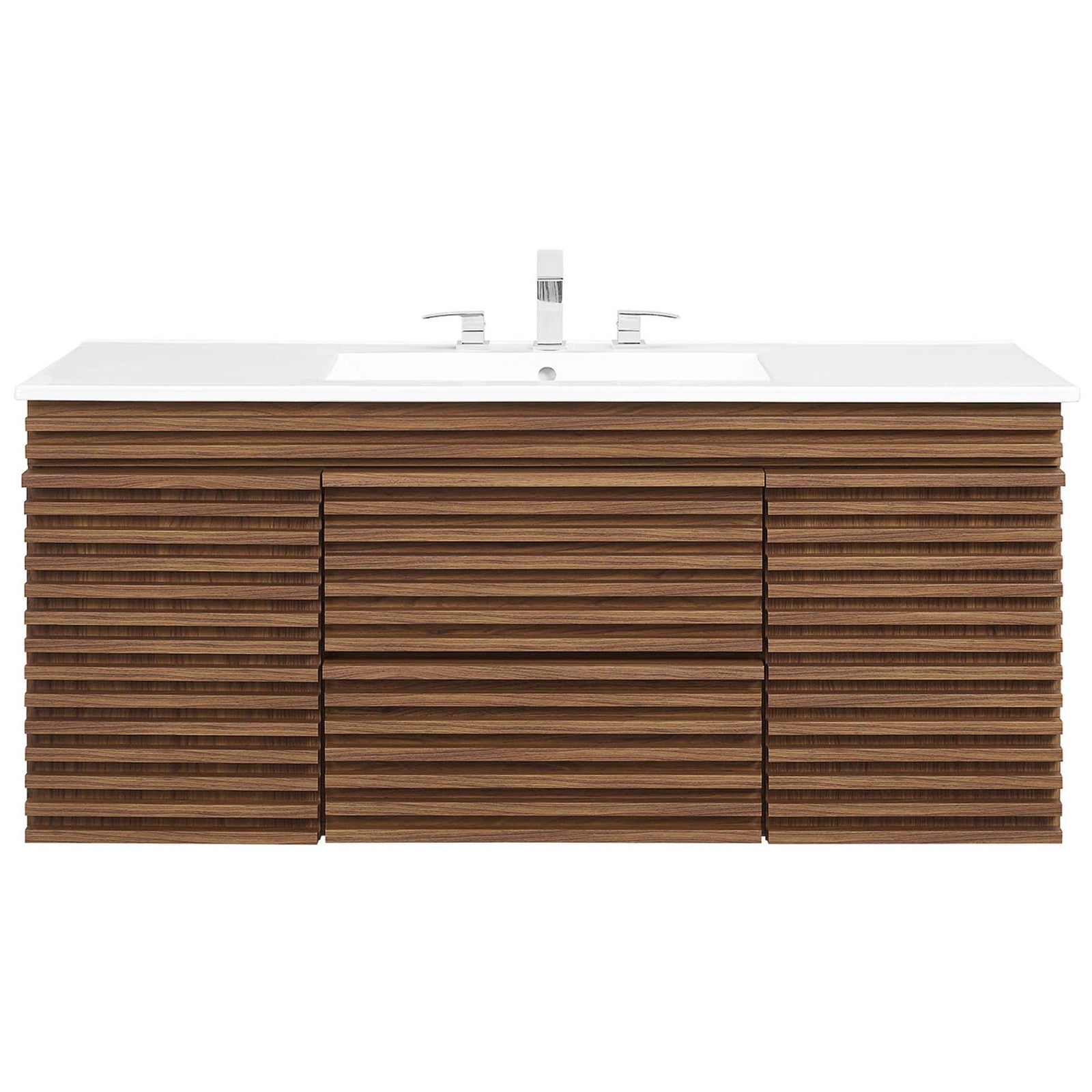 Sculpted ceramic basin crowns a fluted walnut vanity for a refined, mid-century centerpiece || EEI-5801-WAL-WHI || front_studio