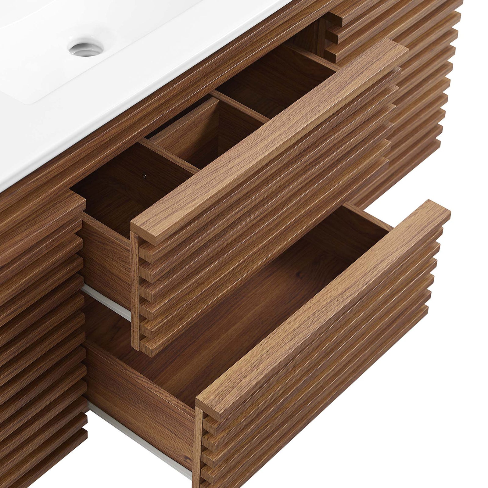 Divided top tray and deep lower drawer keep bathroom essentials tidy and easy to access || EEI-5801-WAL-WHI || storage_open_studio