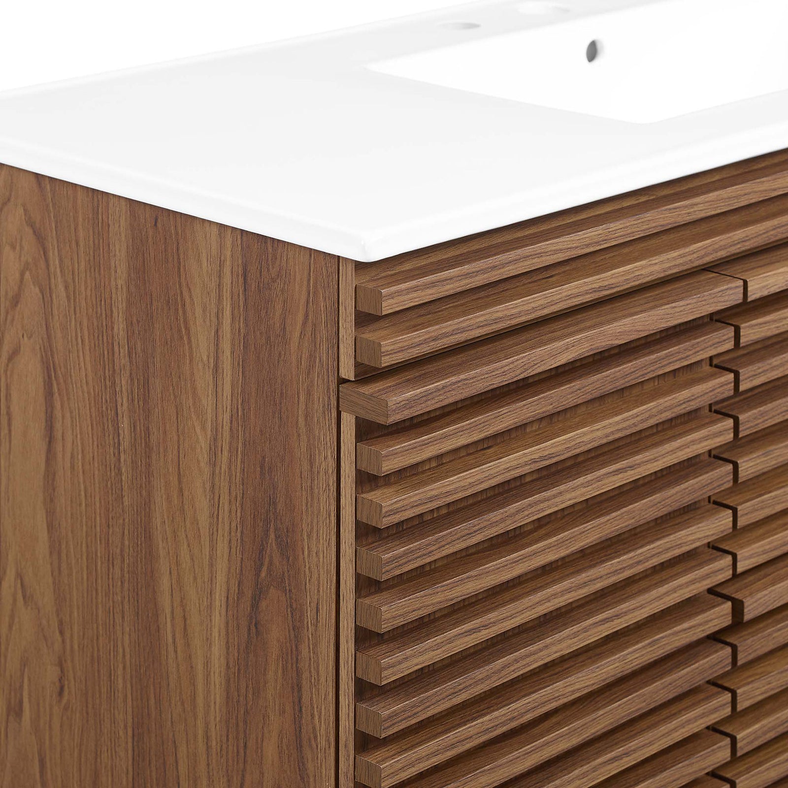 Textured slatted fronts add striking mid-century character to the warm walnut grain || EEI-5801-WAL-WHI || detail_studio