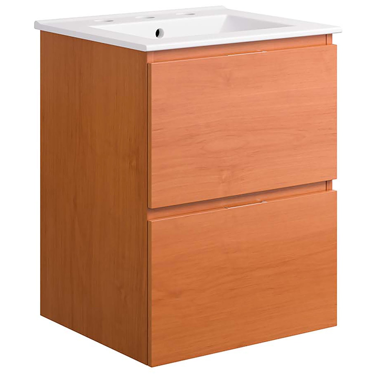 Compact cherry wall-mount vanity with clean lines and a white ceramic sink || EEI-5810-CHE-WHI || front_angle_studio