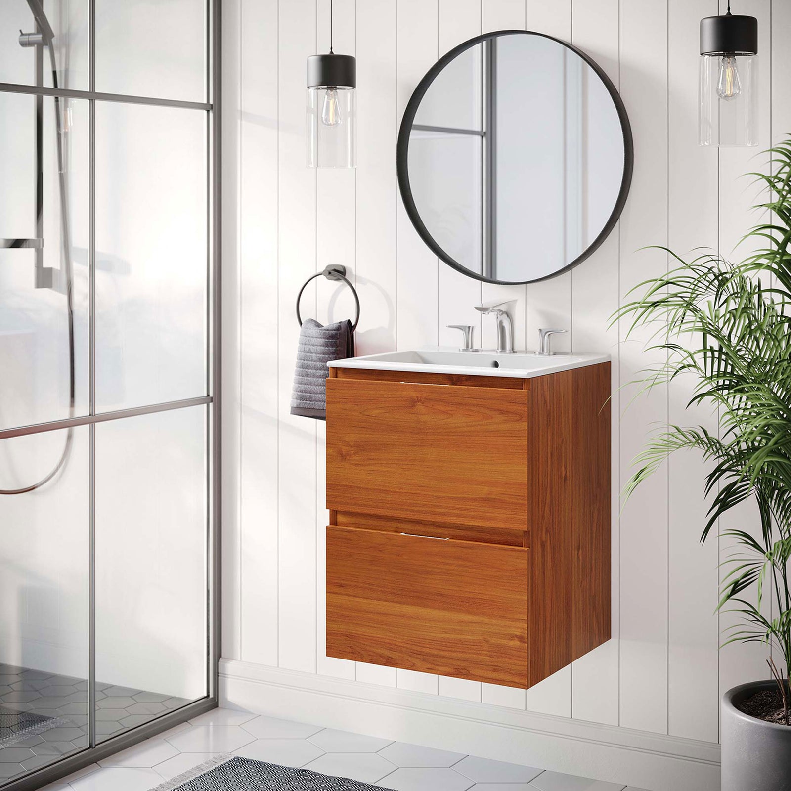 Floating vanity adds warm wood tone and clean modern style to the bath || EEI-5810-CHE-WHI || front_angle_room