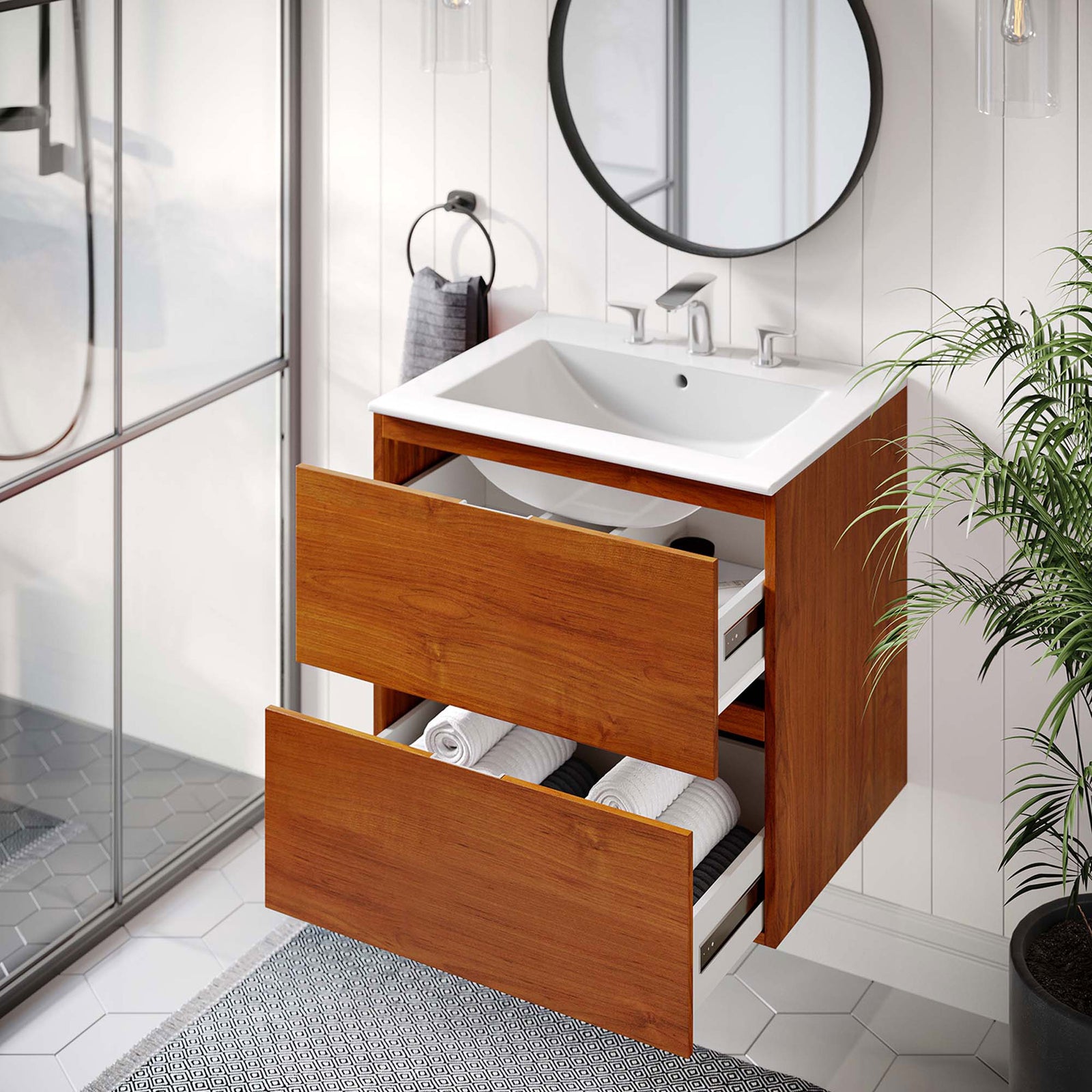 Open drawers show organized storage that keeps bathroom essentials tidy || EEI-5811-CHE-WHI || front_angle_open_room