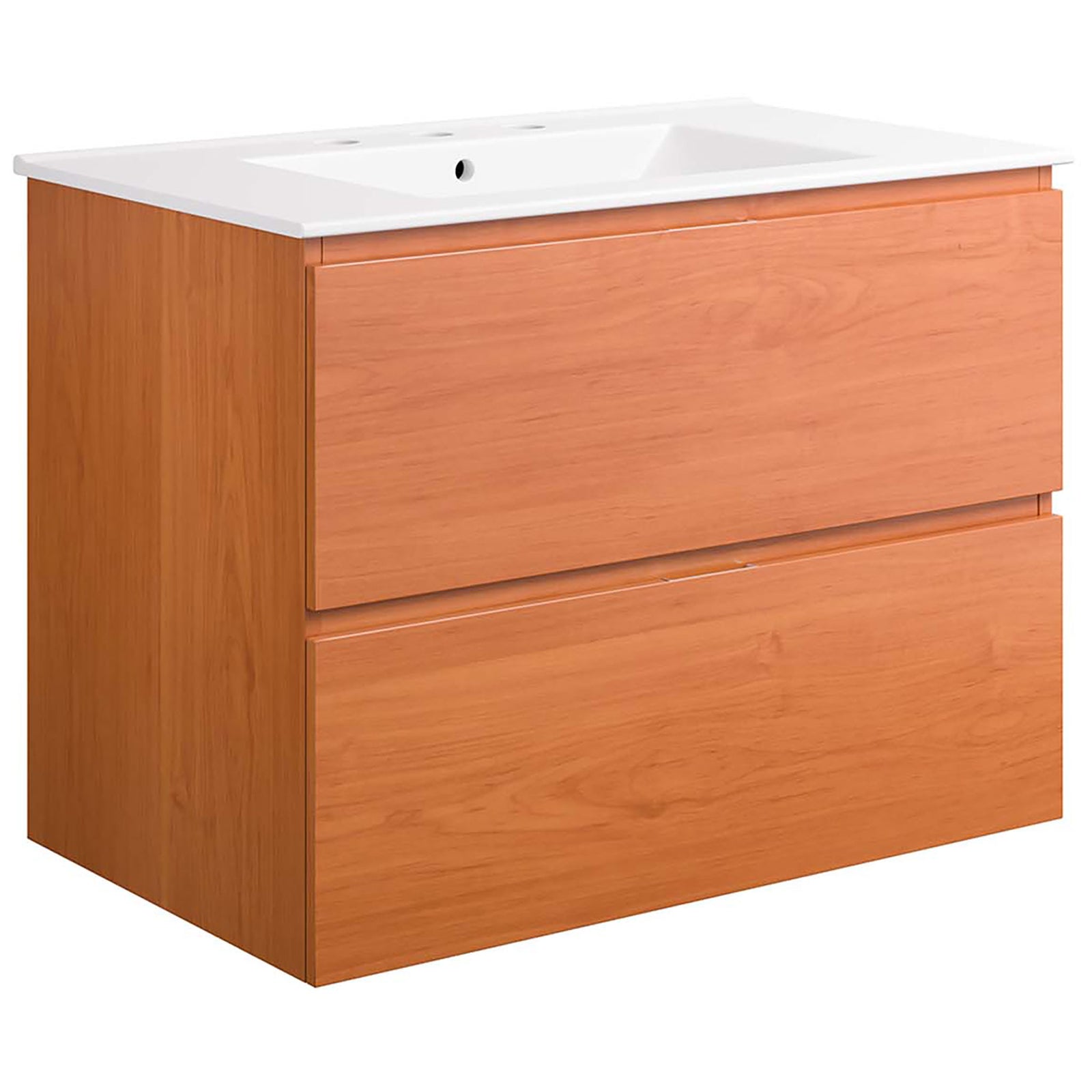 Generous width and clean, handle-free fronts define this modern wall-mount vanity || EEI-5812-CHE-WHI || front_angle_studio