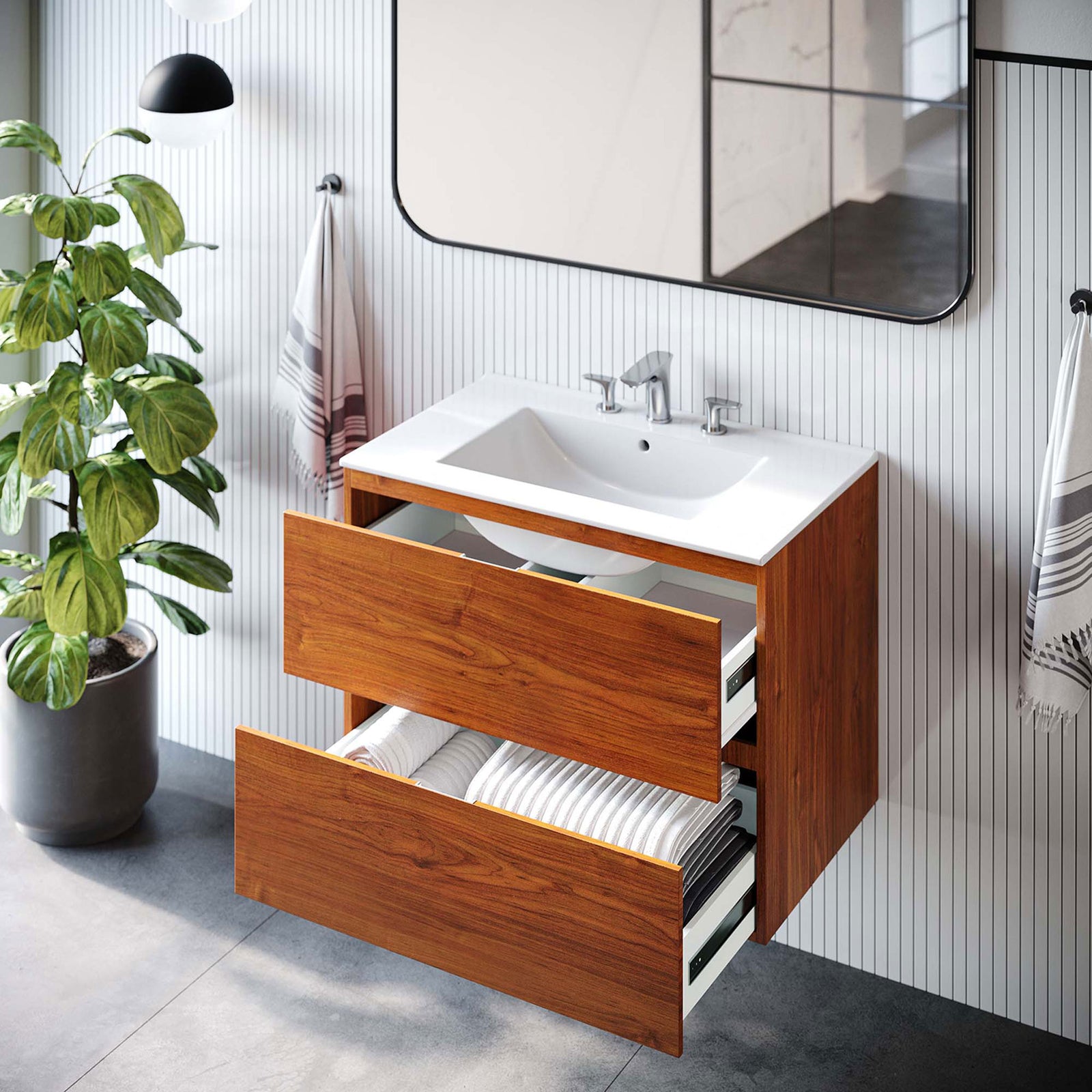 Open storage makes room for folded towels and bath linens within easy reach || EEI-5812-CHE-WHI || front_angle_open_room