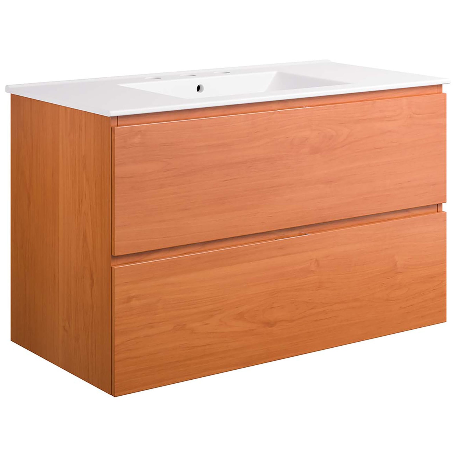 Wide, wall-mounted cabinet in cherry finish with smooth, seamless drawer fronts || EEI-5813-CHE-WHI || front_angle_studio