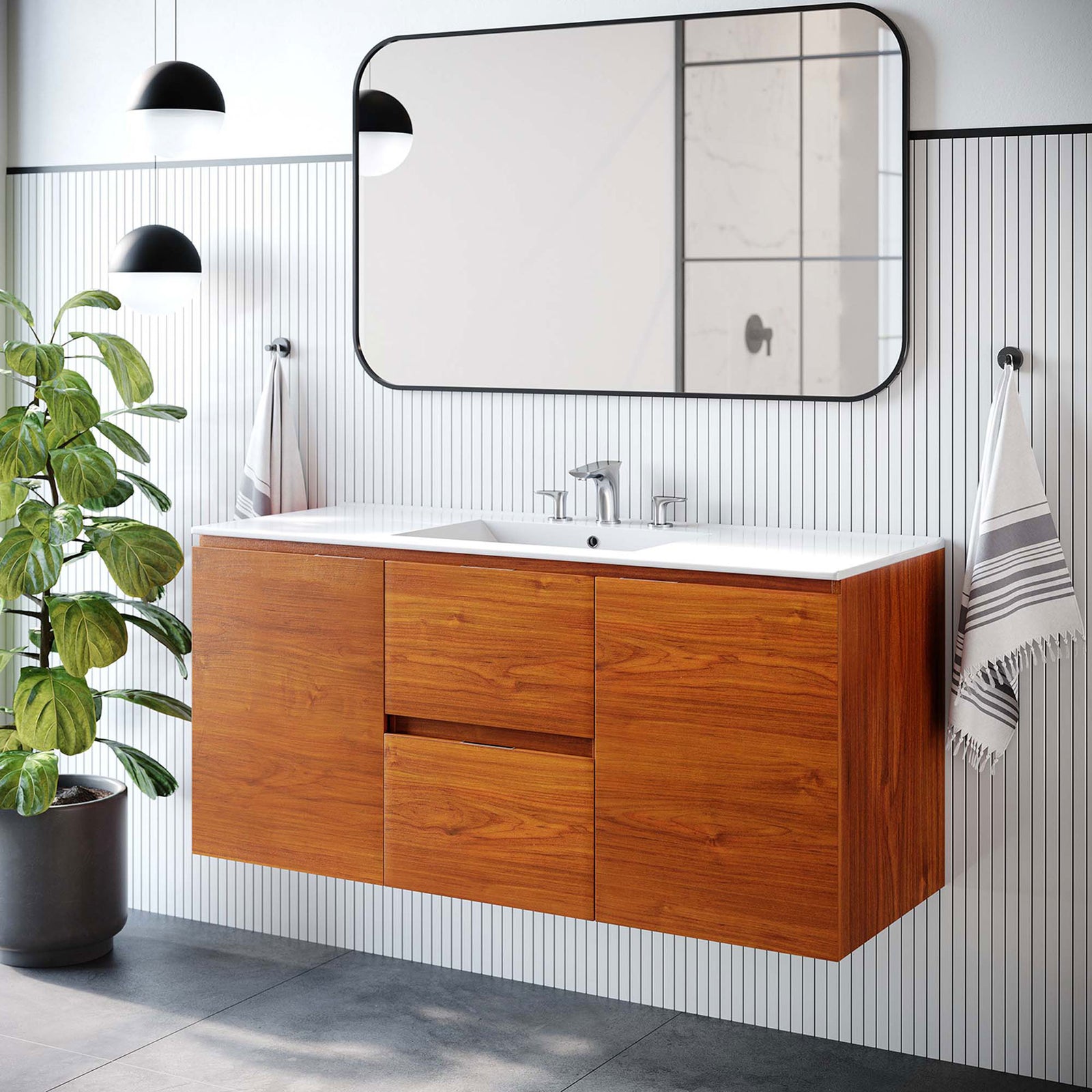 Modern wall mounted vanity brings warm wood grain texture and a bright white basin to the bath || EEI-5814-CHE-WHI || front_angle_room