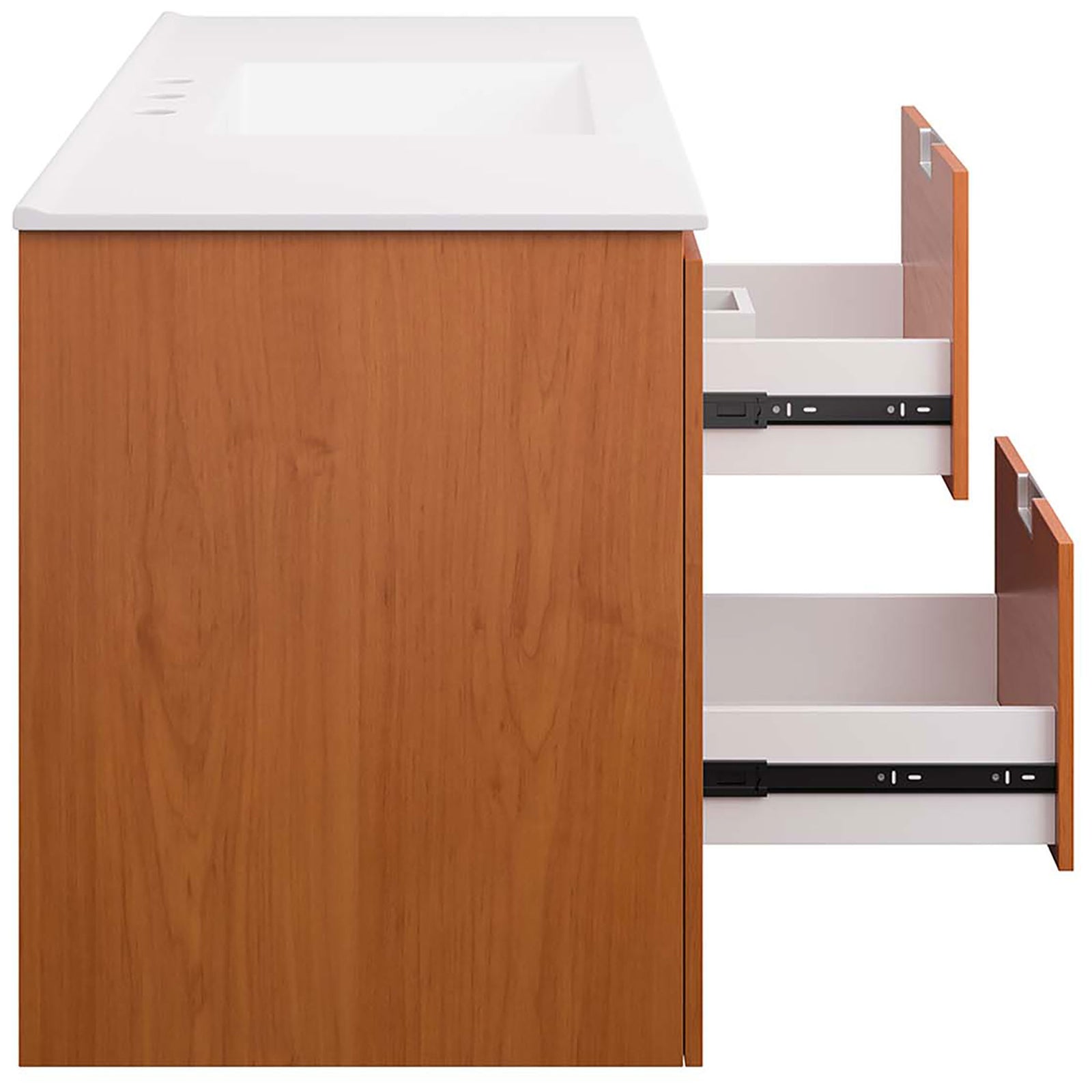 Full-extension drawers glide smoothly, revealing deep storage for towels and toiletries || EEI-5814-CHE-WHI || side_open_studio