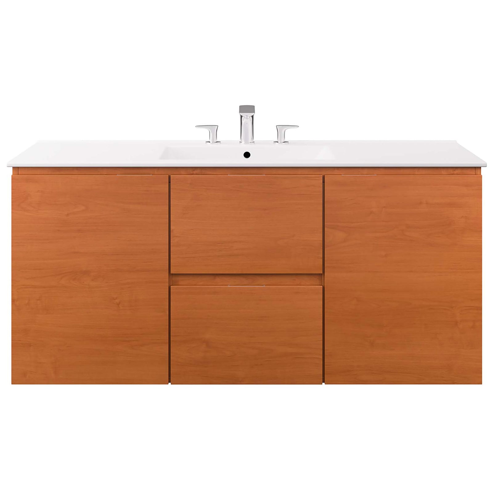 Clean facade showcases balanced drawer and door layout beneath the integrated sink || EEI-5814-CHE-WHI || front_studio