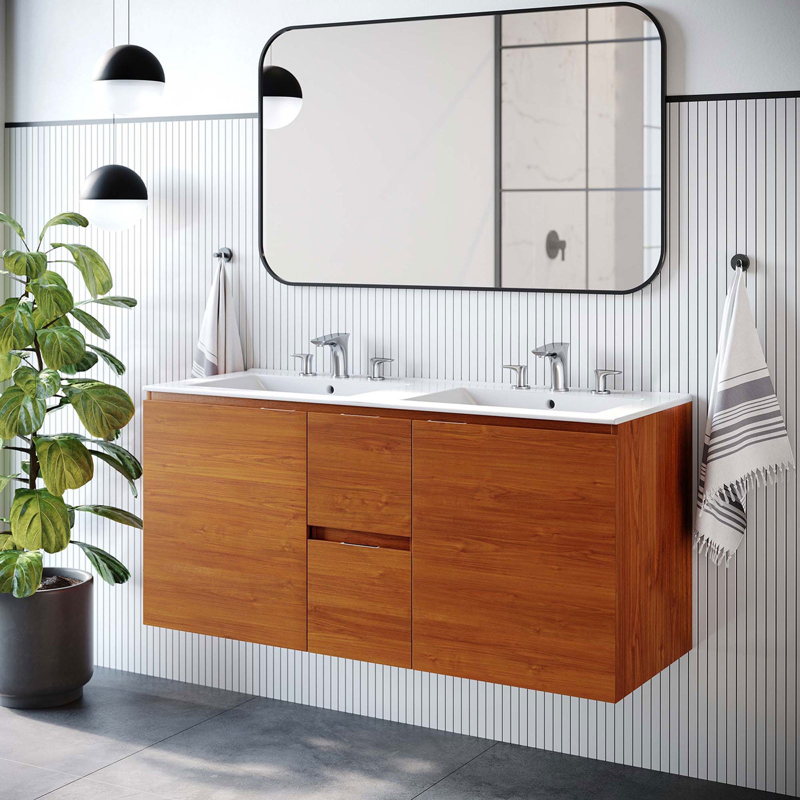 Floating double vanity adds warm cherry wood grain and a crisp white top to modern bathrooms. || EEI-5815-CHE-WHI || front_room