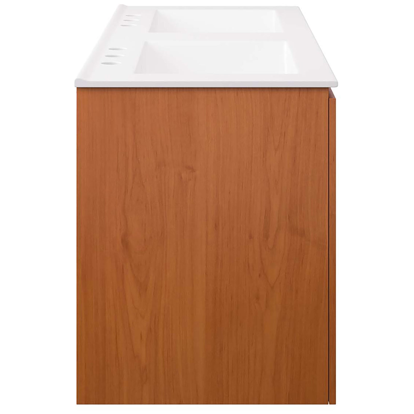 Sleek flush side panel highlights the vanity's streamlined silhouette and crisp white countertop. || EEI-5815-CHE-WHI || side_studio
