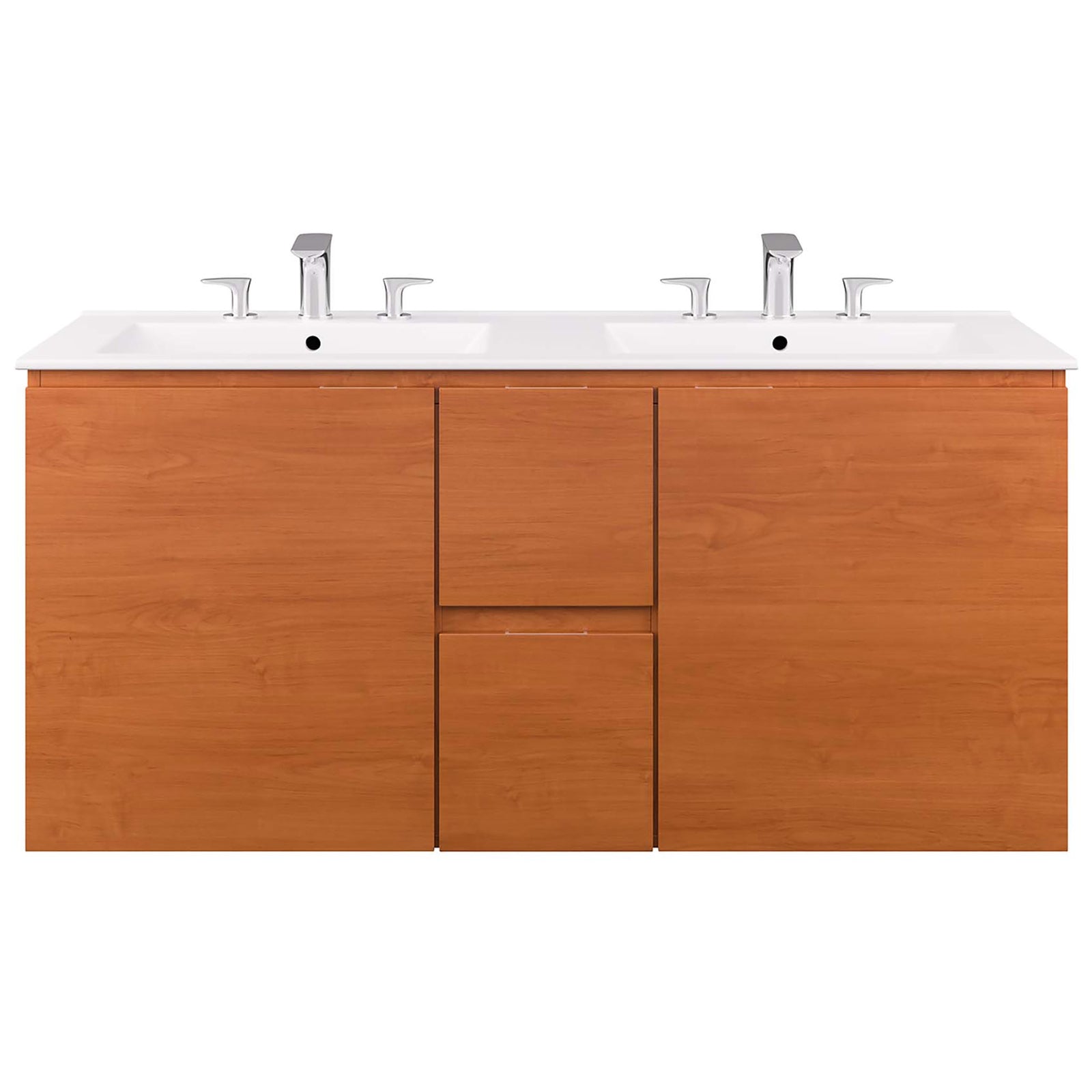 Clean-lined double vanity pairs a warm cherry wood grain finish with a bright integrated white top. || EEI-5815-CHE-WHI || front_studio
