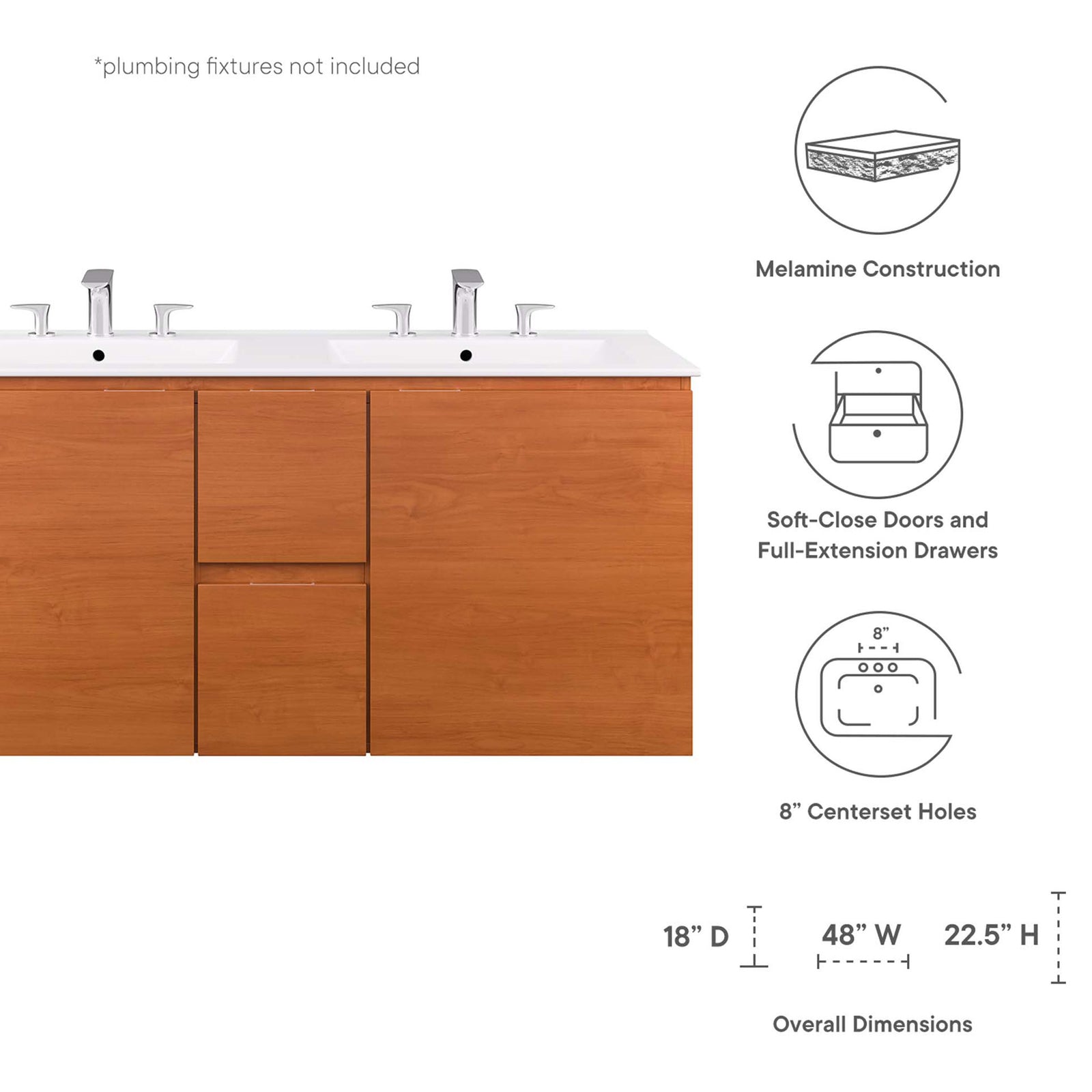 Feature highlights and overall dimensions for the cherry wood grain double vanity with integrated sinks. || EEI-5815-CHE-WHI || dimension_studio