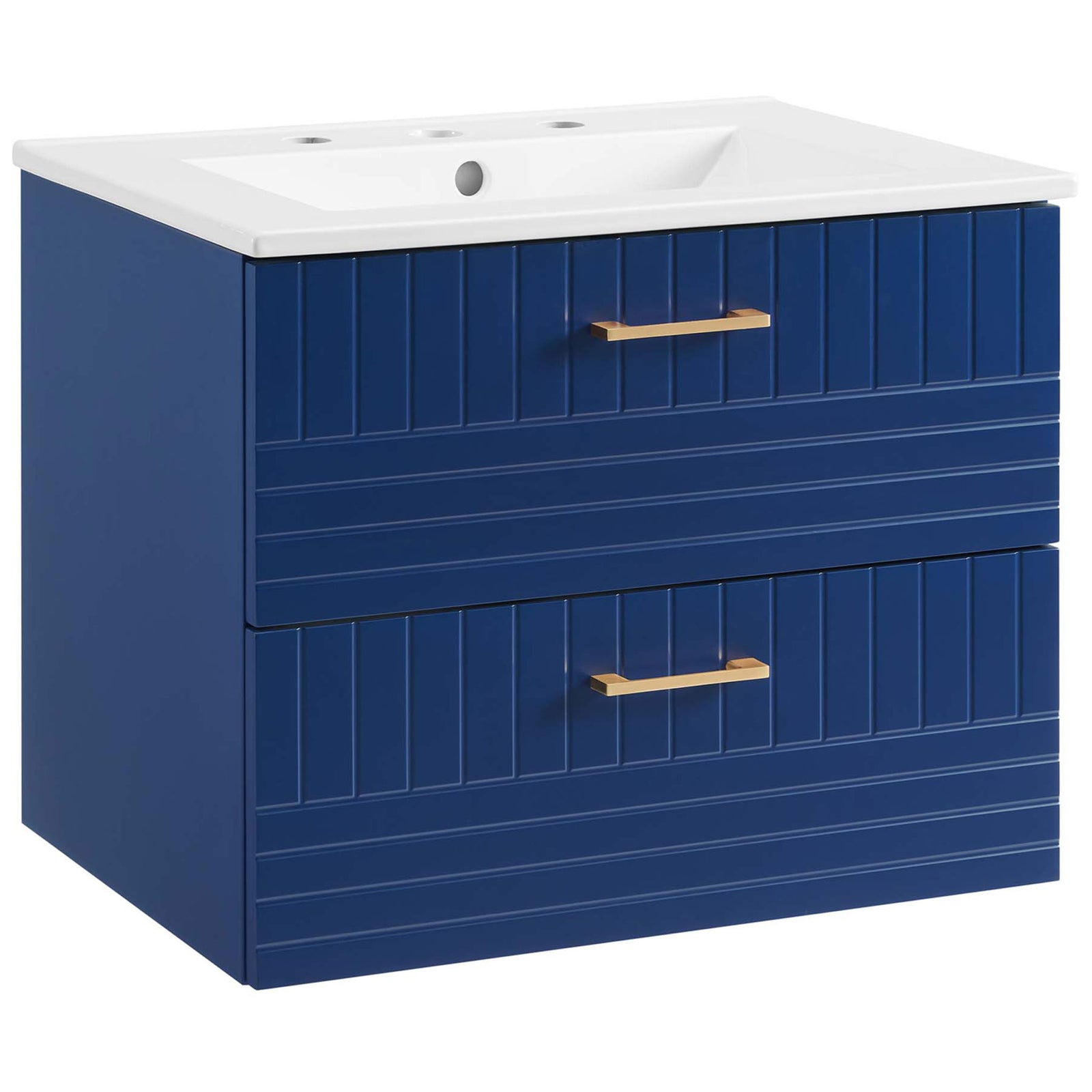 Wall-mounted blue vanity with white integrated sink and brushed gold pulls for modern elegance || EEI-5818-BLU-WHI || front_angle_studio