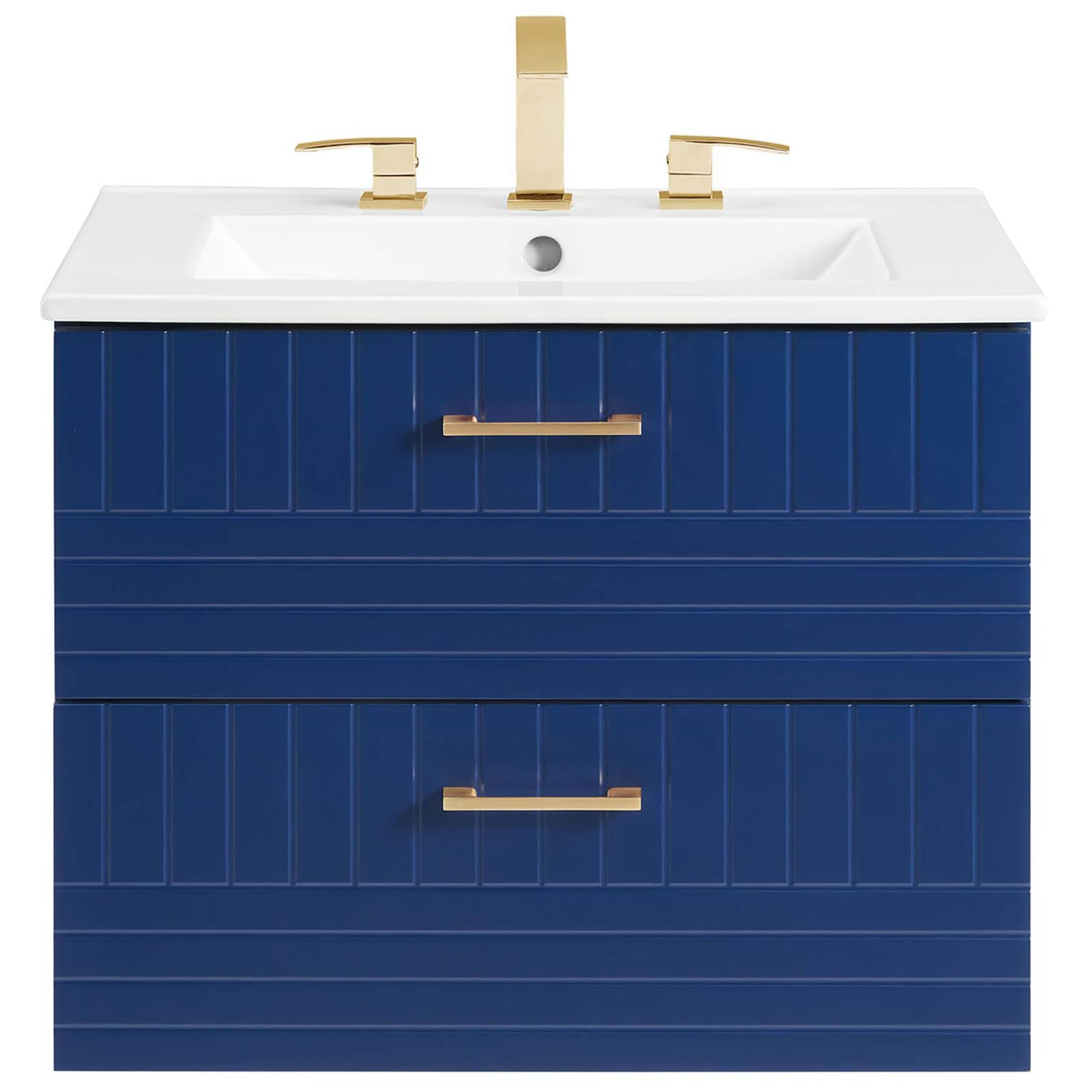 Crisp, symmetrical facade with fluted drawers and gleaming hardware complements the integrated sink || EEI-5818-BLU-WHI || front_studio