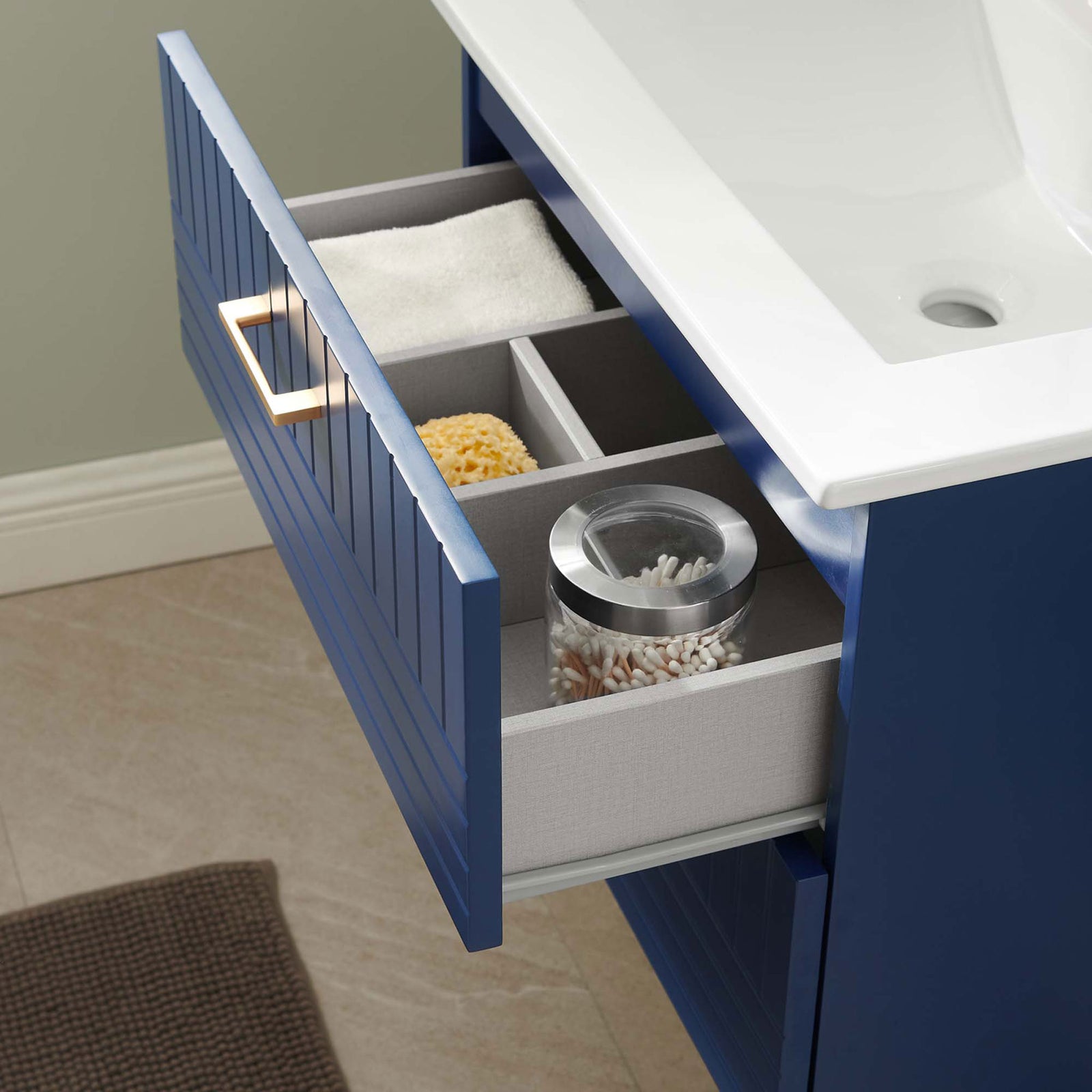 Upper drawer organizer keeps everyday essentials tidy inside the floating vanity || EEI-5818-BLU-WHI || storage_open_room