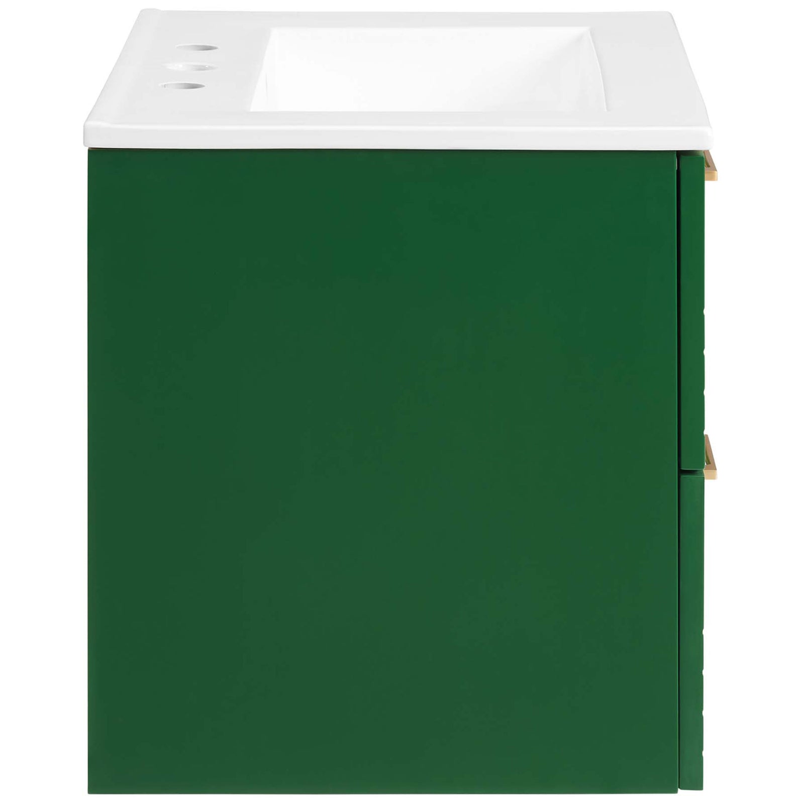 Streamlined green cabinet with seamless panels beneath a crisp white basin. || EEI-5818-GRN-WHI || side_studio