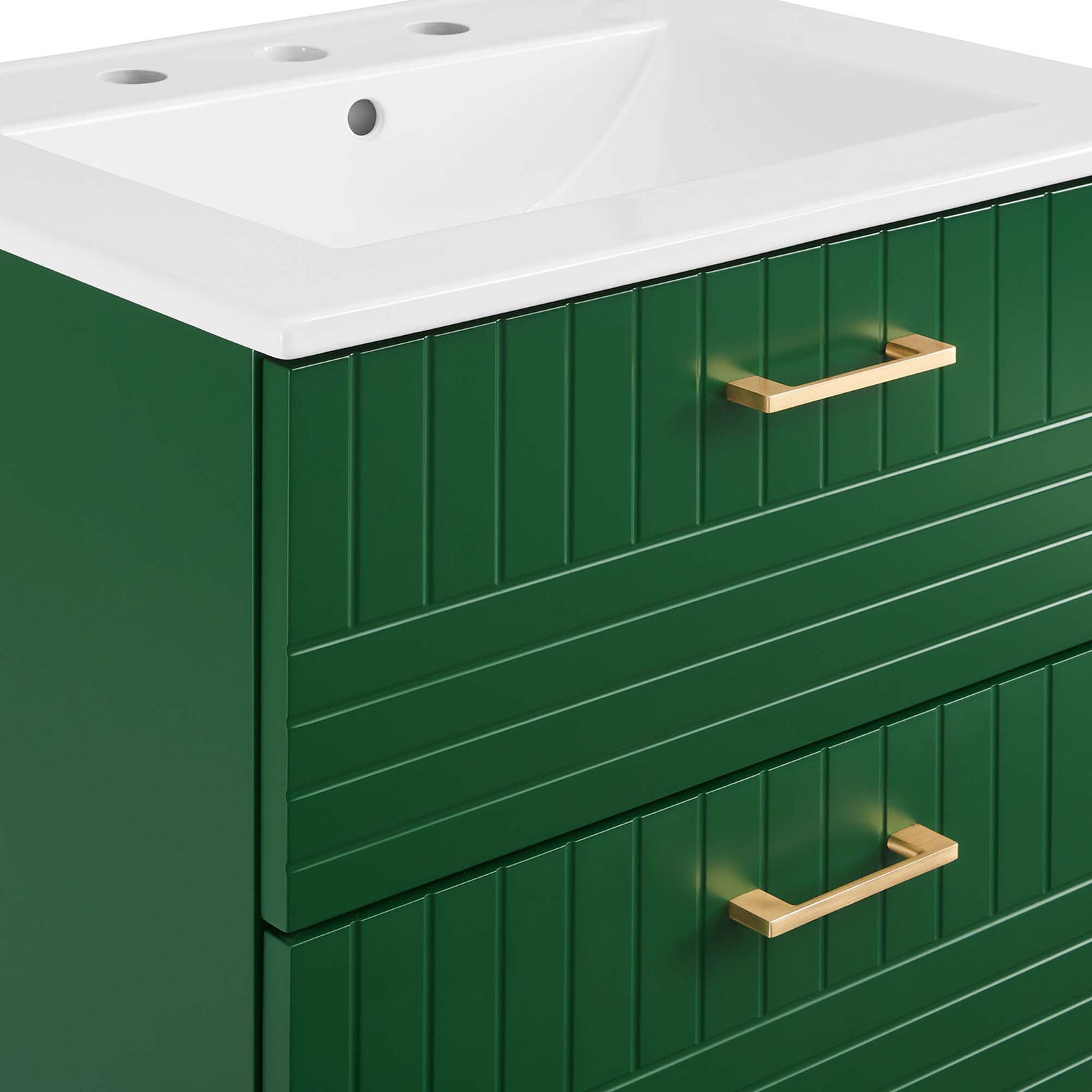 Fluted drawer fronts, brushed gold handles, and glossy ceramic sink edge add refined texture. || EEI-5818-GRN-WHI || detail_studio