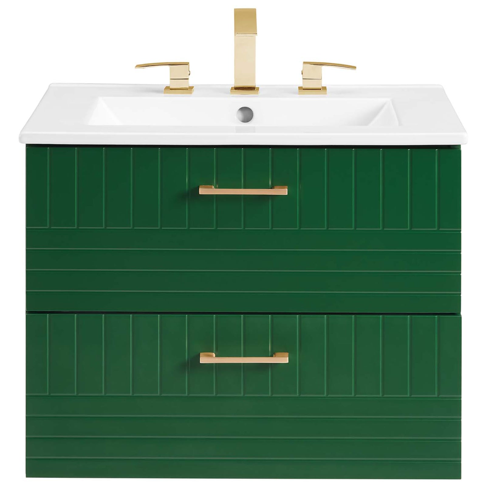 Paneled green drawers and white basin styled with a gold faucet for a polished look. || EEI-5818-GRN-WHI || front_studio