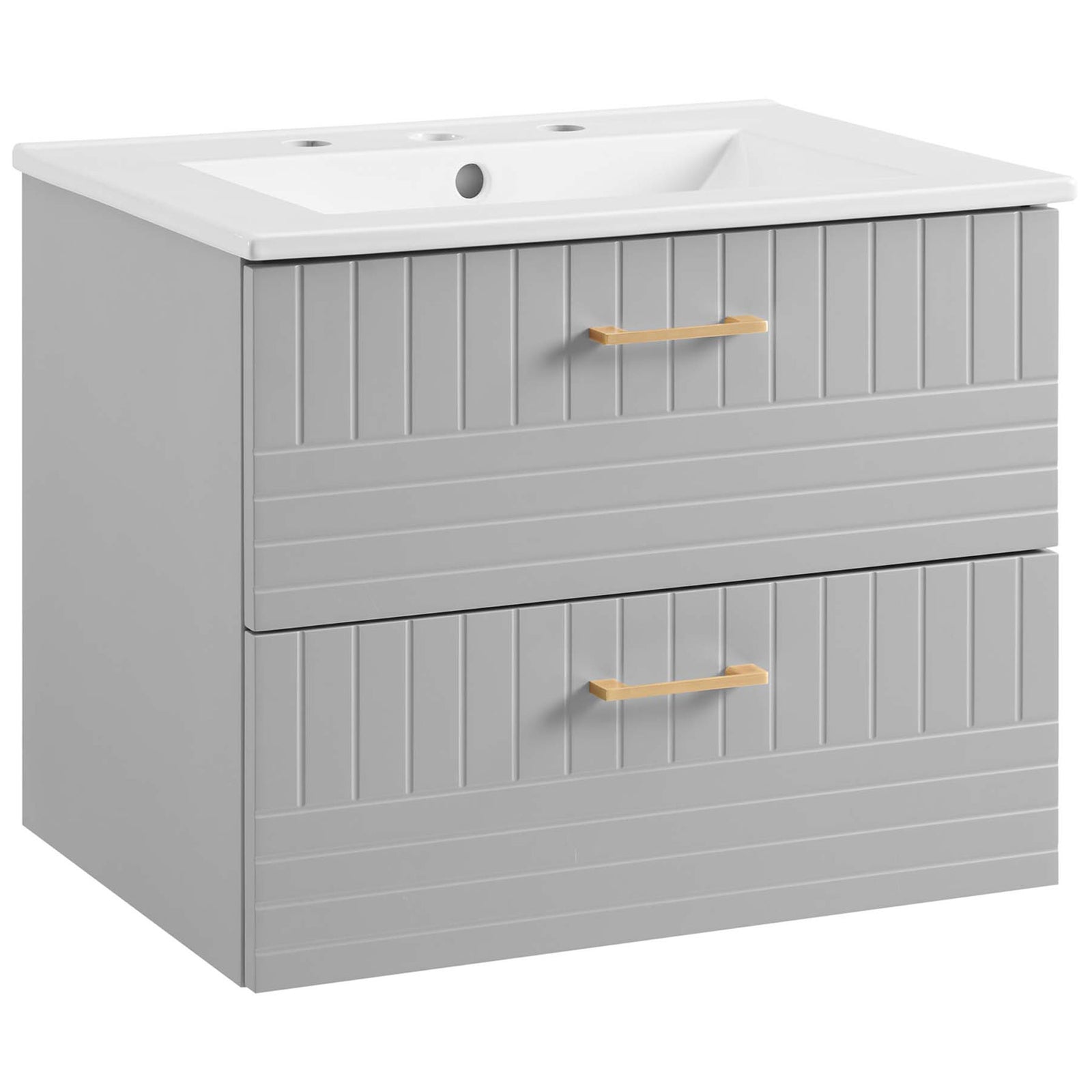 Wall-mounted light gray vanity with white ceramic sink and fluted drawers with gold pulls || EEI-5818-LGR-WHI || front_angle_studio