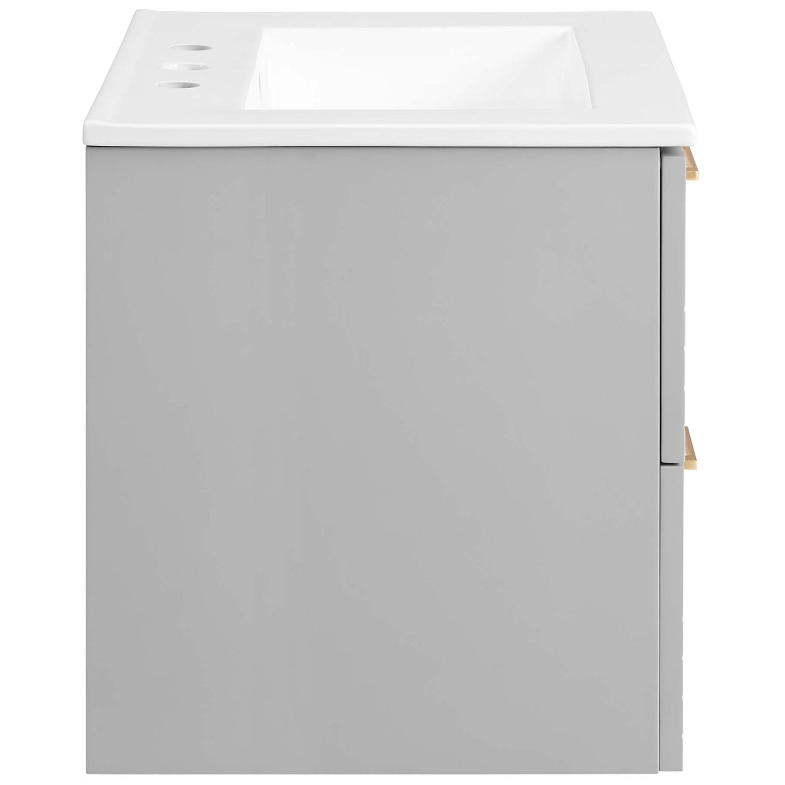 Slim profile vanity with integrated white countertop and clean matte finish || EEI-5818-LGR-WHI || side_studio