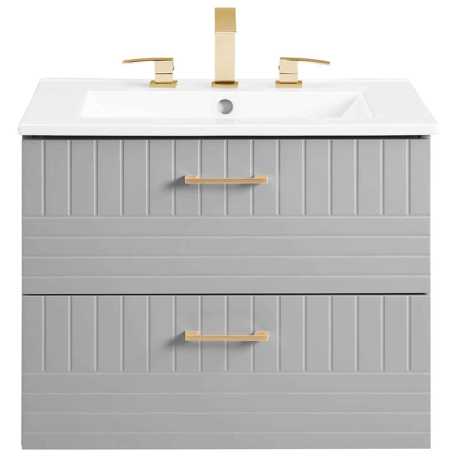Crisp silhouette with white sink, fluted fronts, and brushed gold pulls || EEI-5818-LGR-WHI || front_studio