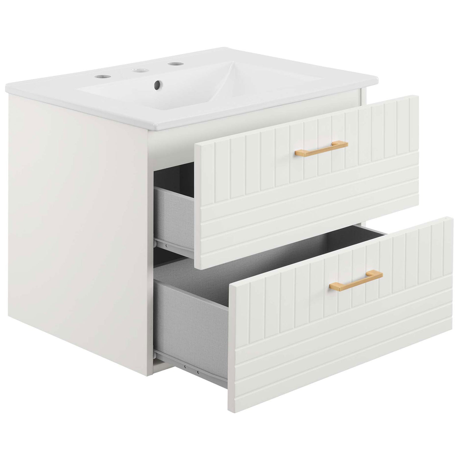 Two deep drawers open to reveal generous storage with a center plumbing cutout || EEI-5818-WHI-WHI || front_angle_open_studio