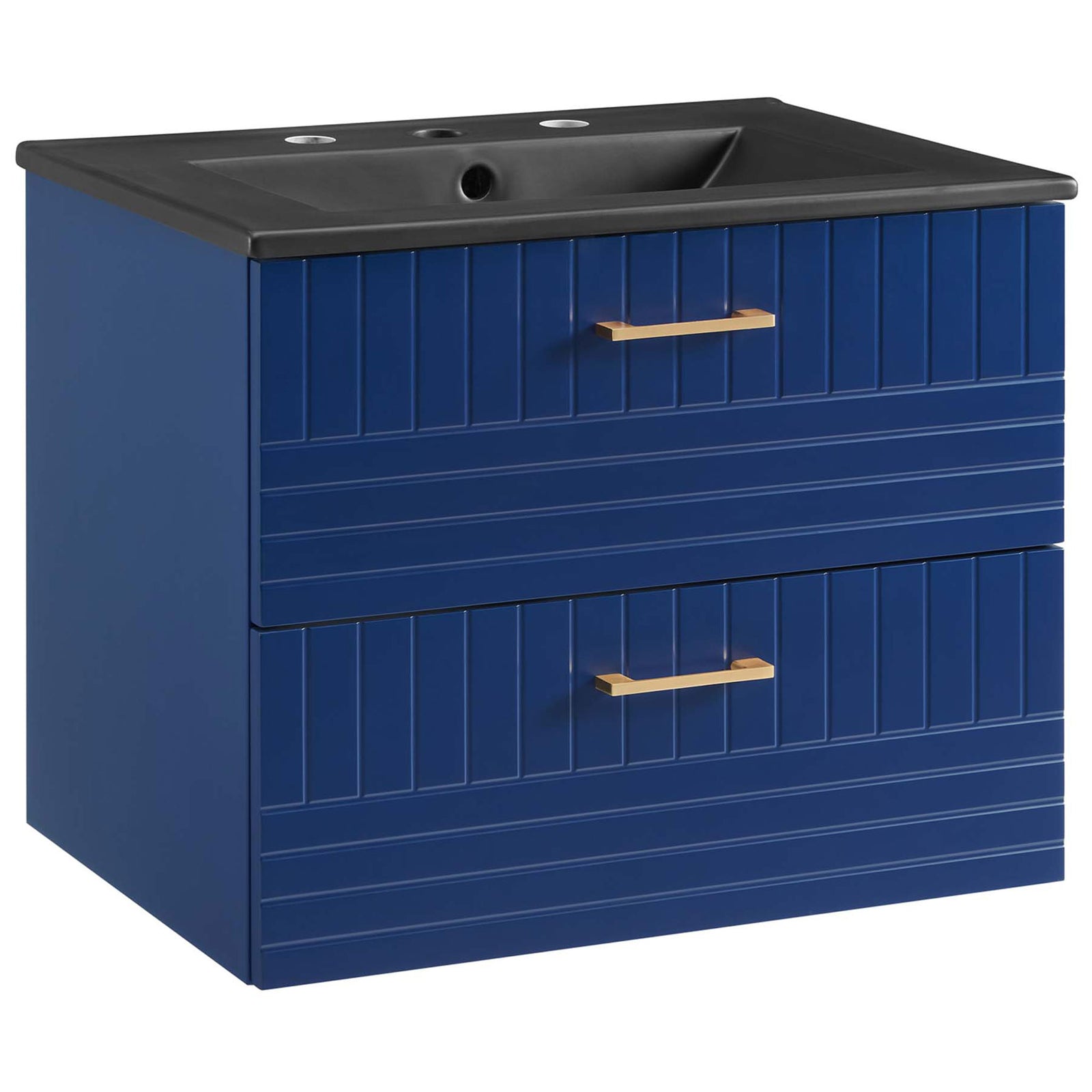 Deep blue wall-mount vanity with matte black integrated sink and brushed gold handles. || EEI-5820-BLU-BLK || front_angle_studio