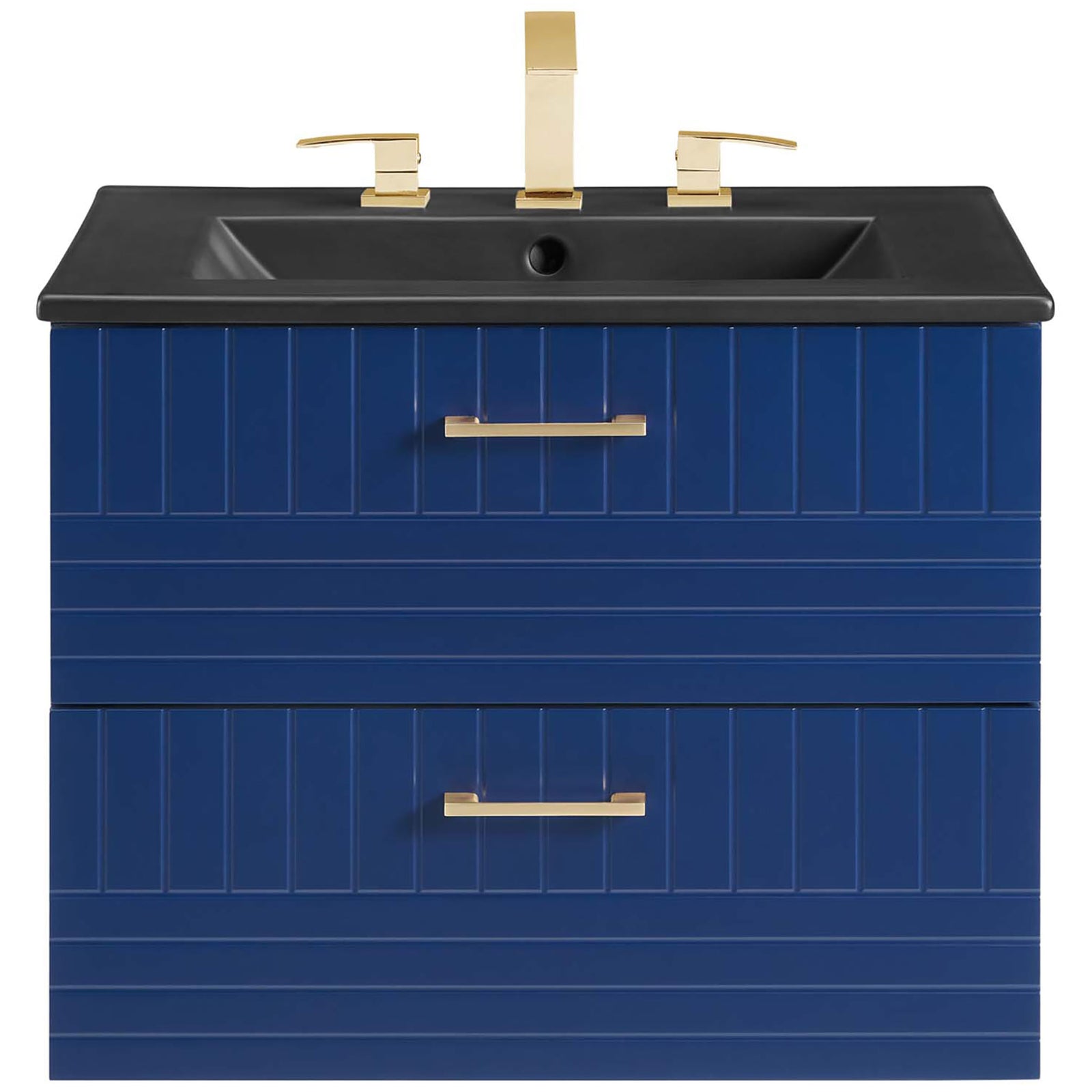 Crisp beadboard-style fronts and a matte black sink create a bold, contemporary look. || EEI-5820-BLU-BLK || front_studio