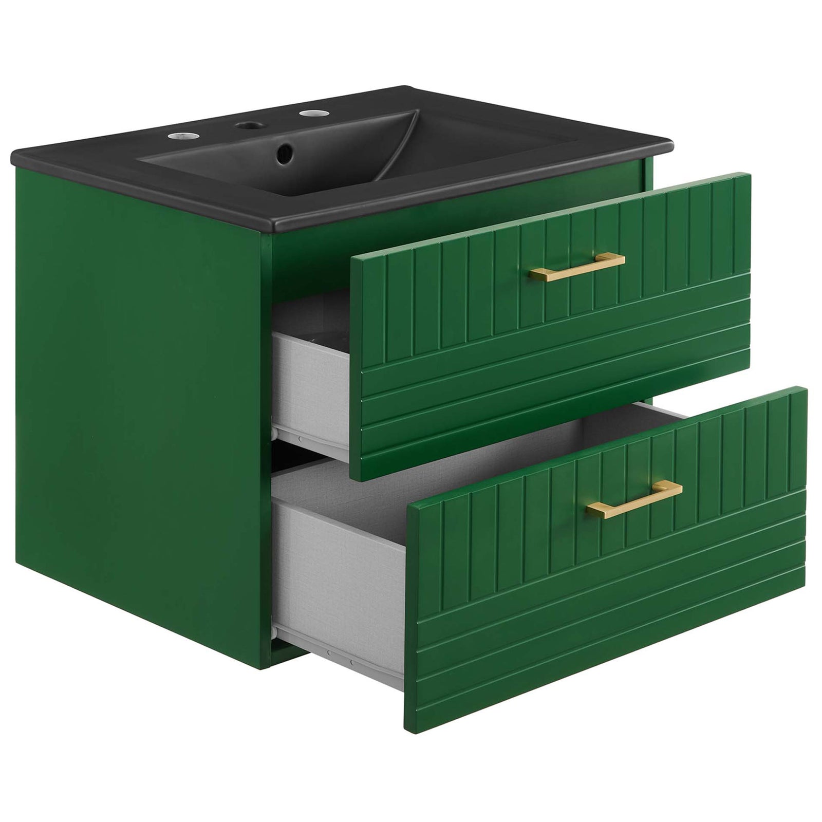 Deep storage drawers glide open to reveal gray interiors beneath the matte black basin. || EEI-5820-GRN-BLK || front_angle_open_studio