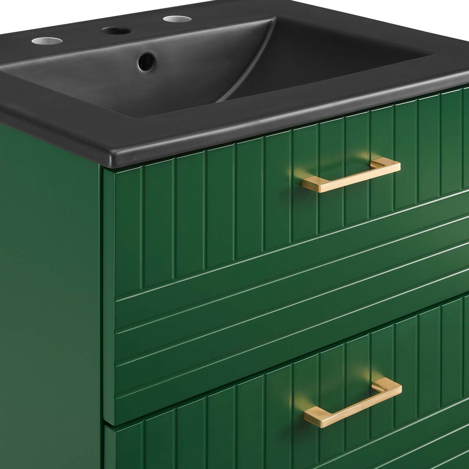 Textured vertical grooves and brushed gold handle detail elevate the cabinet's modern style. || EEI-5820-GRN-BLK || detail_studio