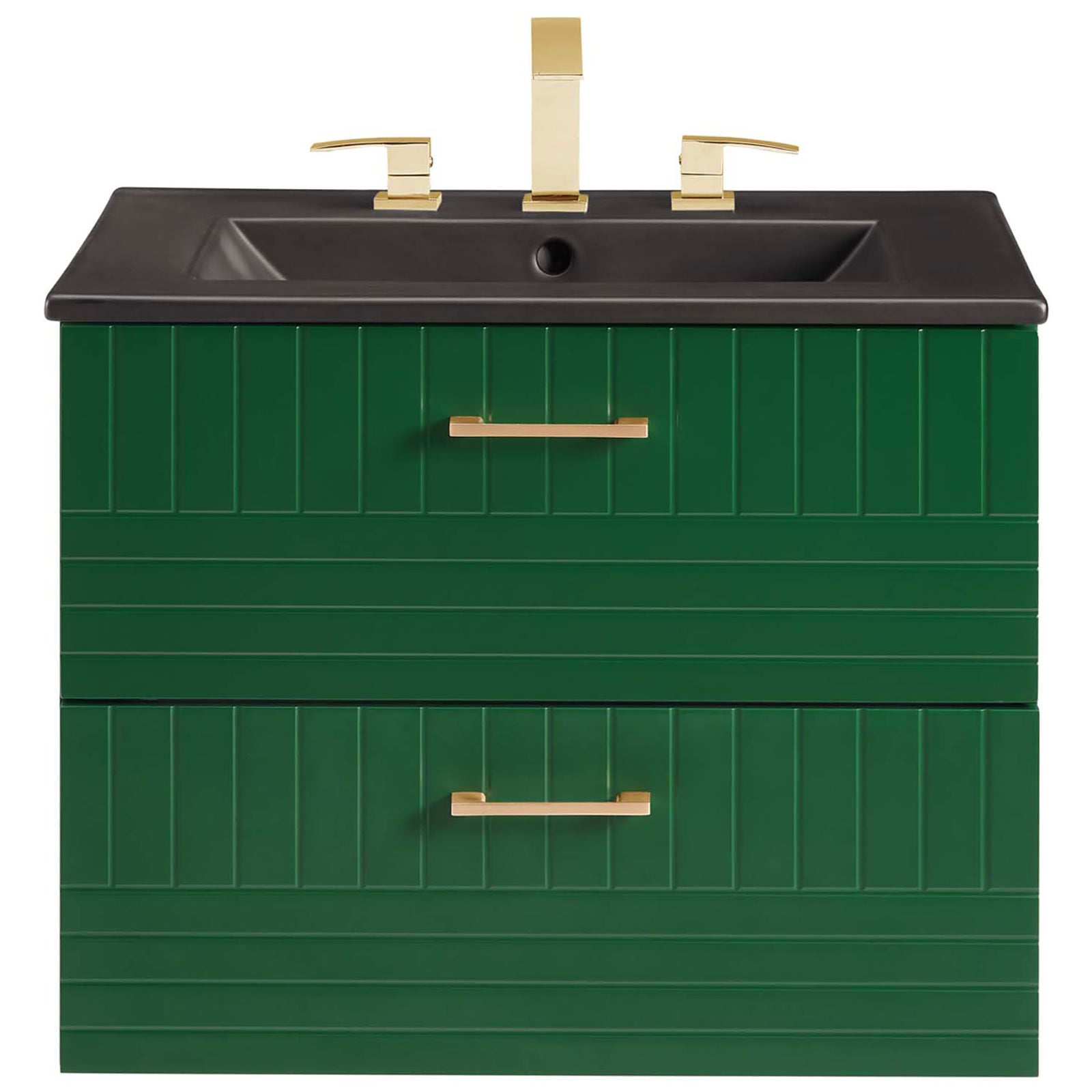 Fluted drawer fronts and a matte black basin crown a vibrant green cabinet with gold hardware. || EEI-5820-GRN-BLK || front_studio