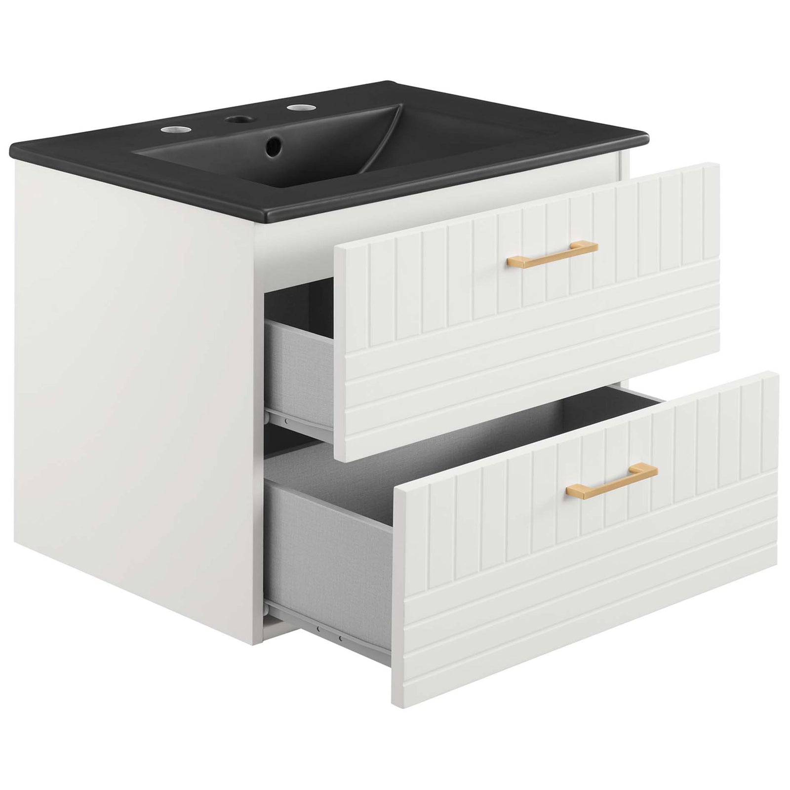 Two drawers open to reveal roomy storage with a plumbing cutout beneath the black basin || EEI-5820-WHI-BLK || front_angle_open_studio