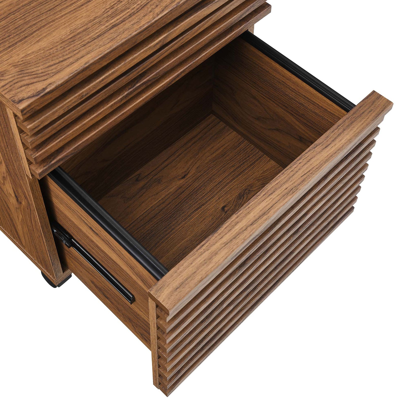 Deep lower drawer fits hanging files with full-extension glides for effortless access. || EEI-5821-WAL || storage_open_studio