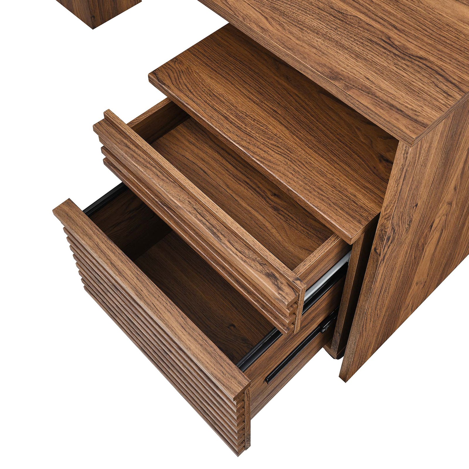 Dual drawers reveal organized storage for supplies and files beneath the desk. || EEI-5821-WAL || storage_open_studio
