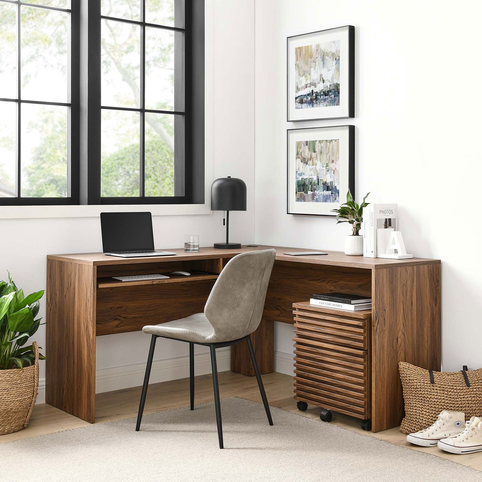 Modern L-shaped desk set delivers ample workspace and a matching mobile file cabinet. || EEI-5821-WAL || front_angle_room