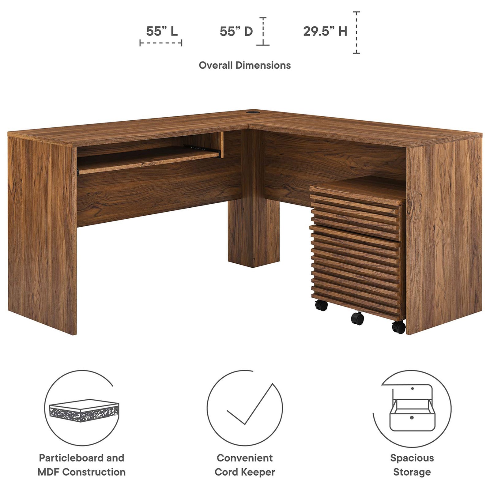Overall dimensions and key features of the L-shaped desk and file cabinet set. || EEI-5821-WAL || dimension_studio
